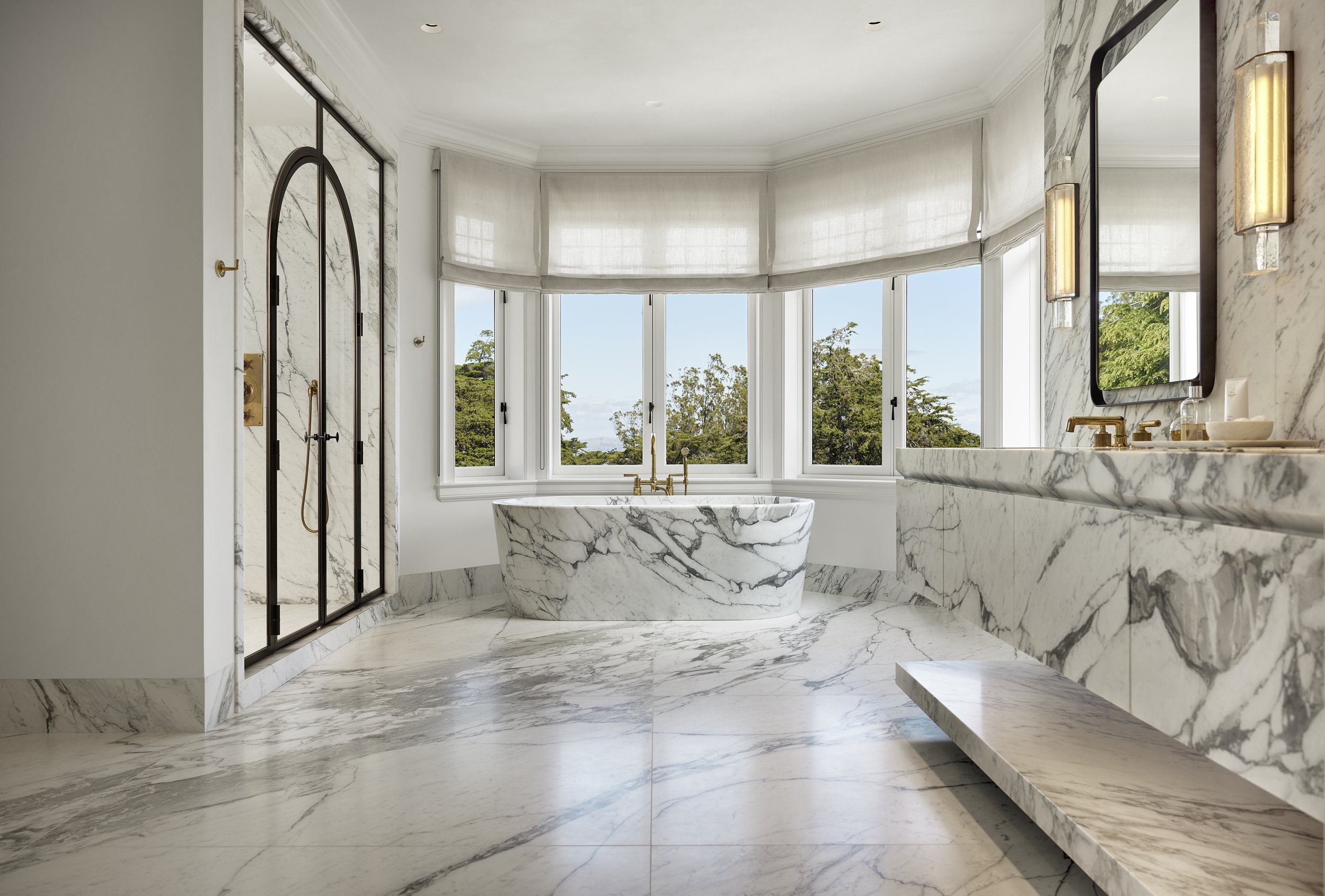 Arabescato Marble Vanity, Tub + Surfaces  | Bronze Shower Doors 