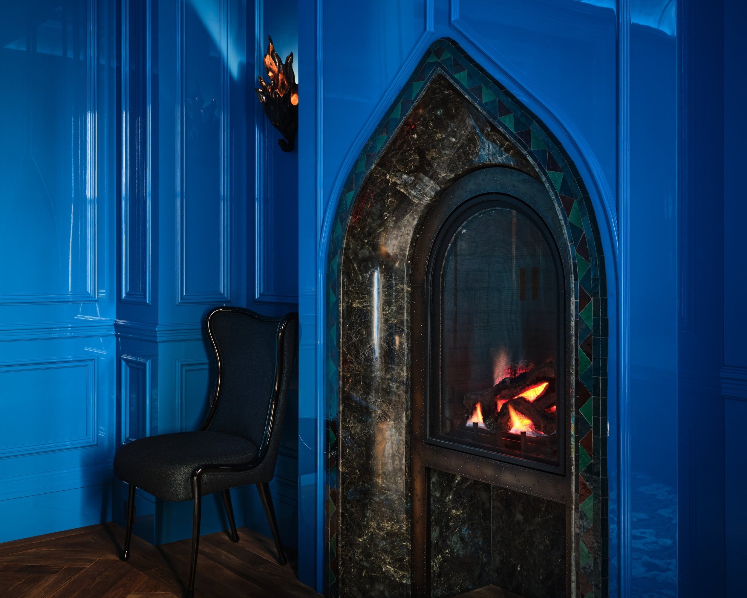 Blue Lemurian Solid Carved Fireplace