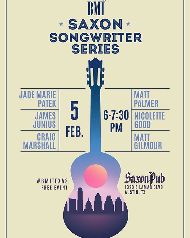 Thank you @BMI for including me in such a lovely group on Feb 5 @thesaxonpub #singersongwriterseries #madeinaustin #bmiaustin