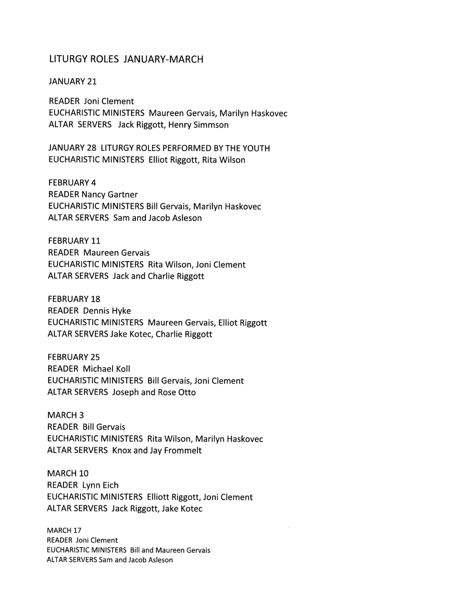ST. COLUMBAN LITURGY ROLES SCHEDULE