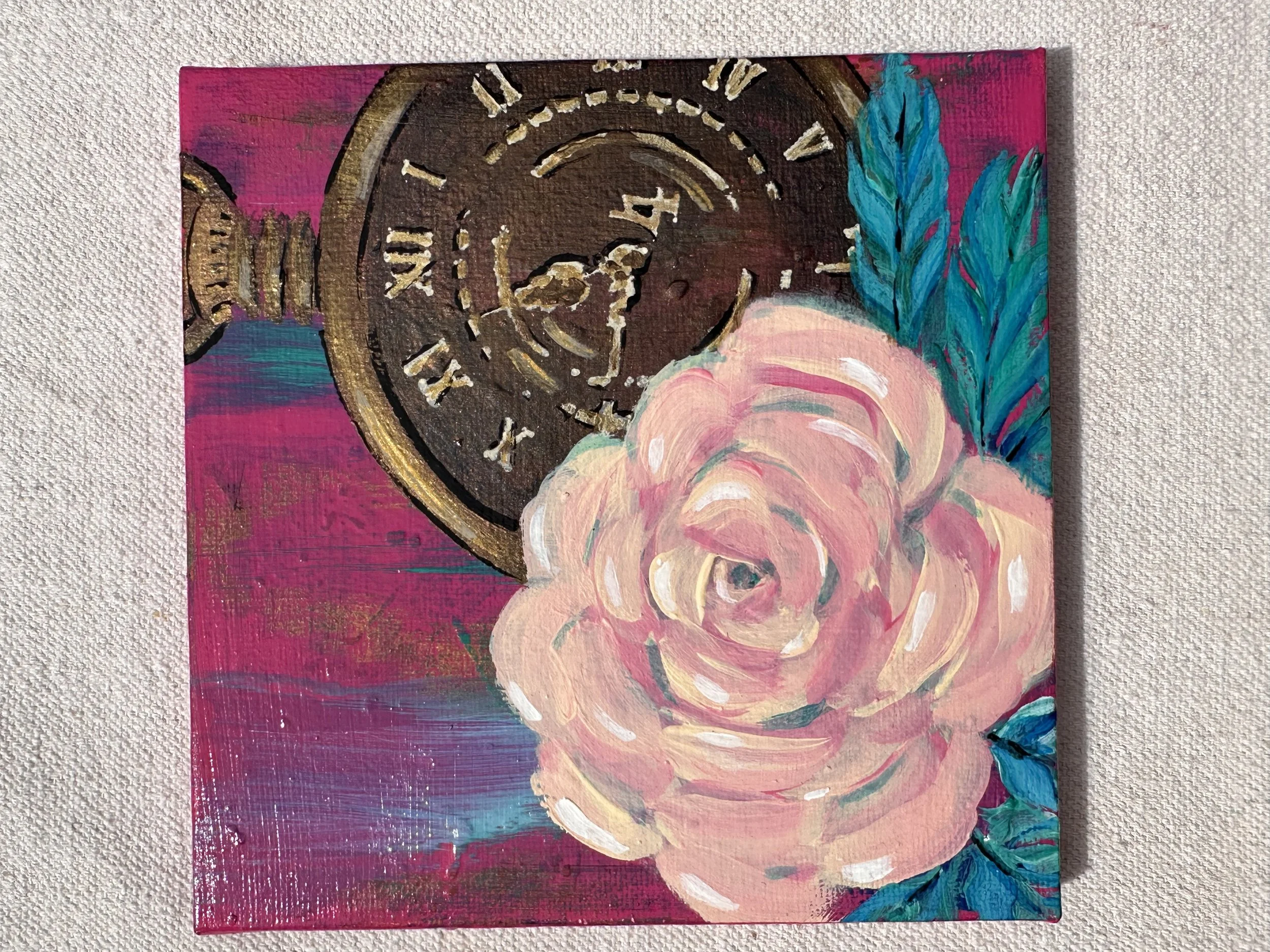 Clockwork Garden: Pocket Watch and Rose, 6 x 6 Original Acrylic Canvas
