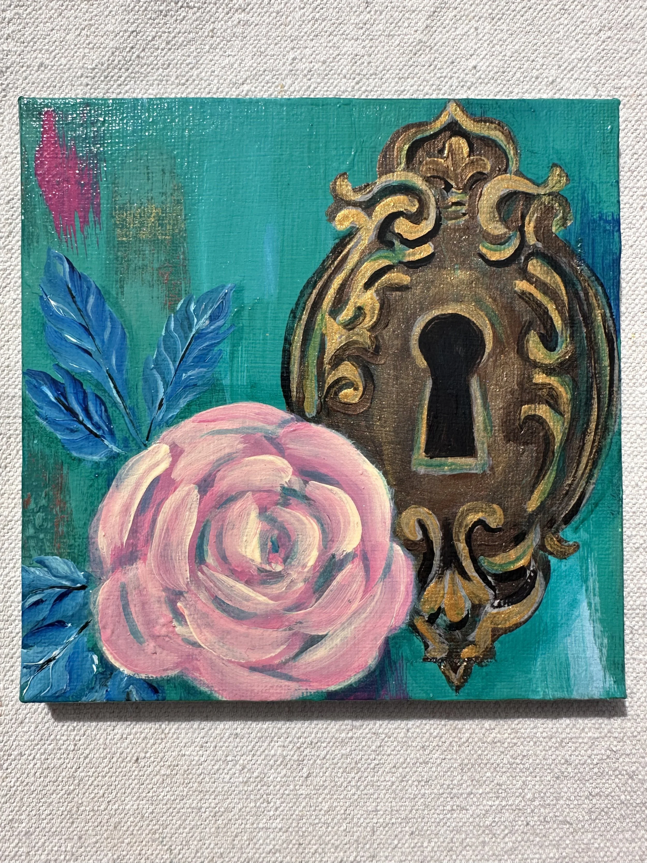 Clockwork Garden: The Keyhole and the Rose, 6 x 6 Original Acrylic Canvas