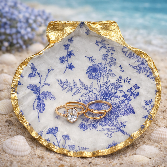 Blue Botanical Seashell Trinket Dish