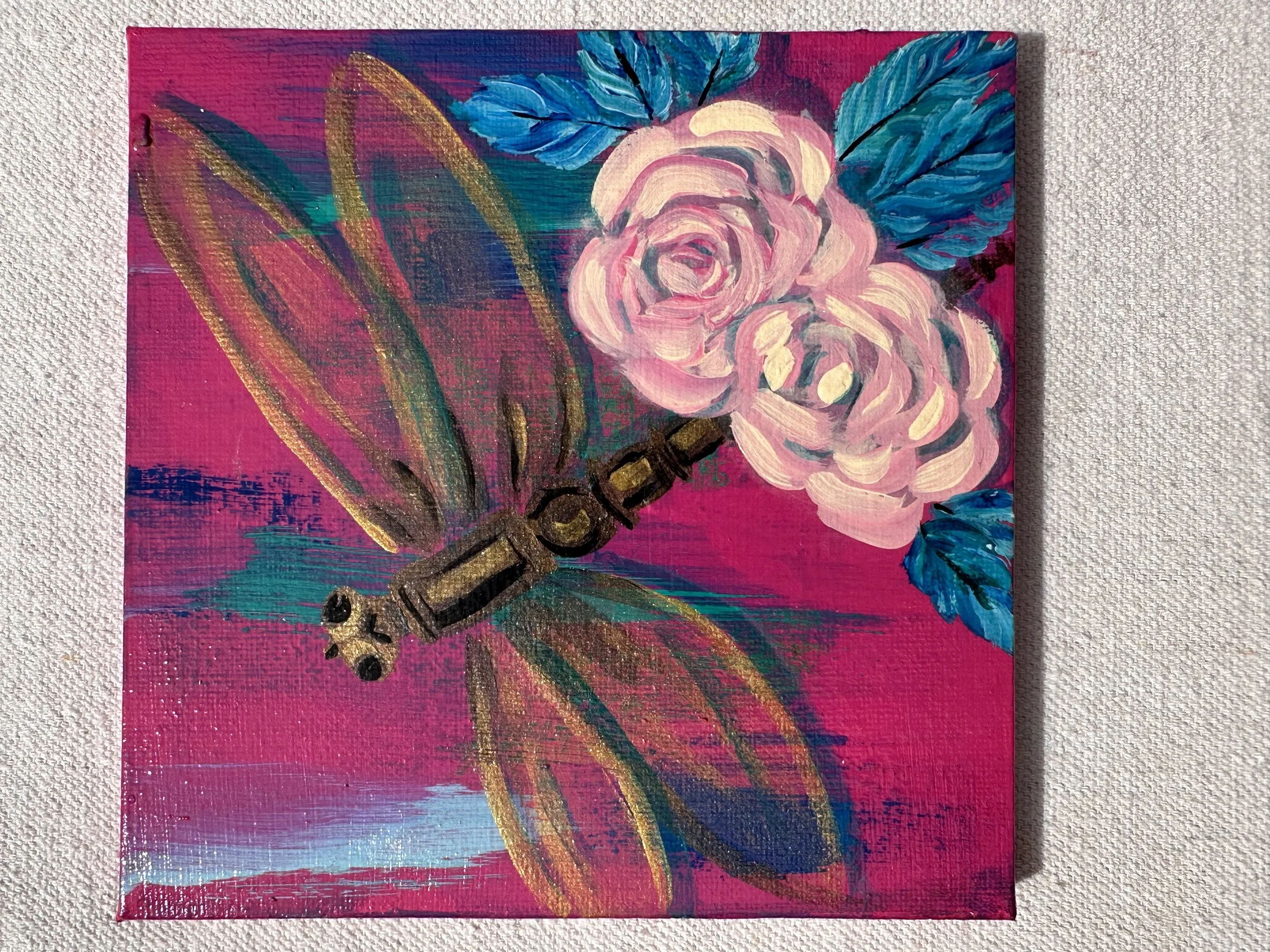 Clockwork Garden: Dragonfly and Roses, 6 x 6 Original Acrylic Canvas