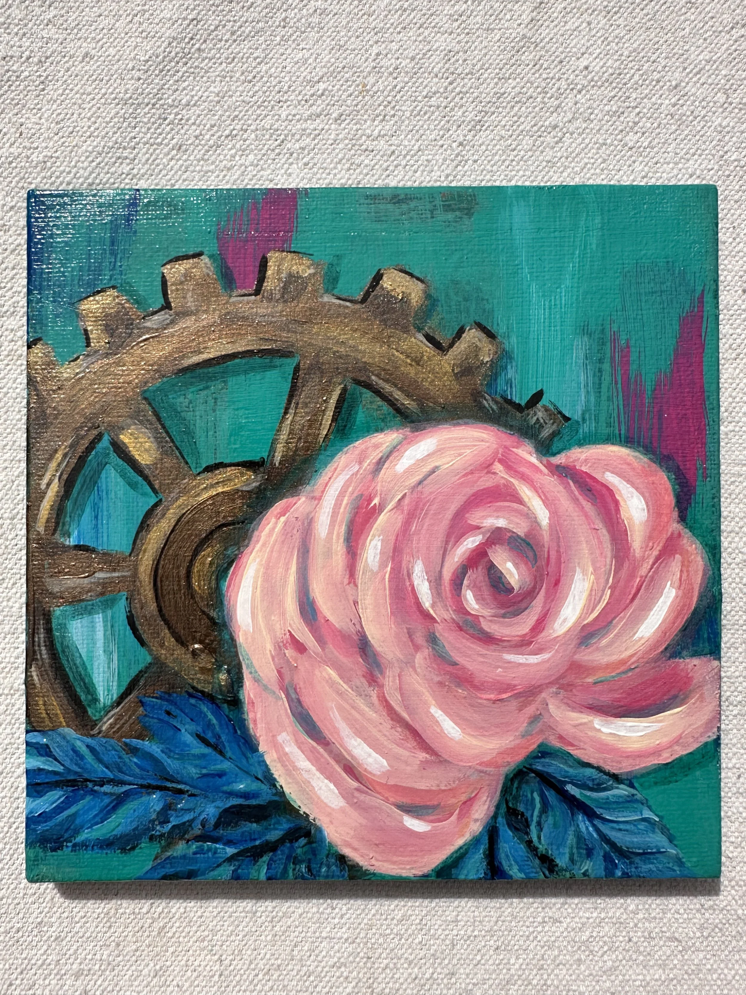 Clockwork Garden: Brass Gear and Rose, 6 x 6 Original Acrylic Canvas