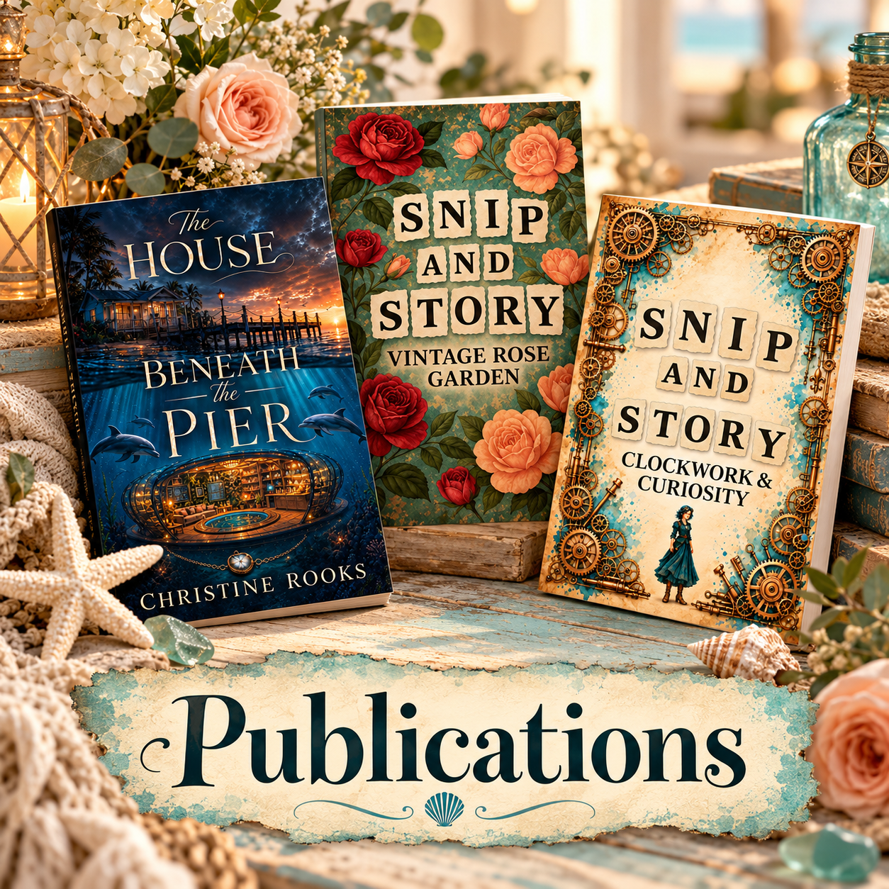 Novels and Snip & Story collage books. Paperbacks on Amazon: The House Beneath the Pier, Vintage Rose Garden, Clockwork and Curiosity. Digital editions are in the shop.