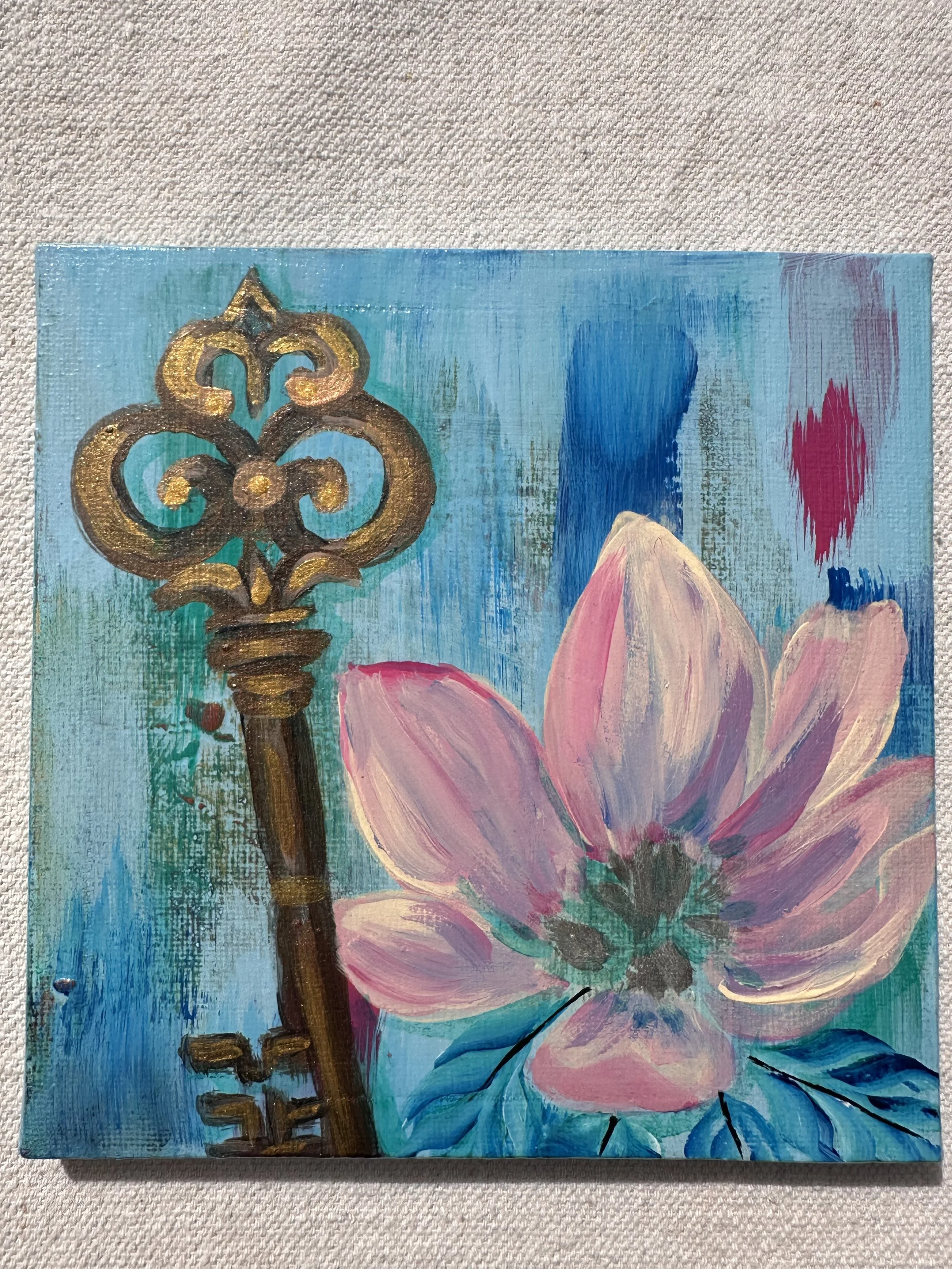 Clockwork Garden: Skeleton Key and Magnolia, 6 x 6 Original Acrylic Canvas