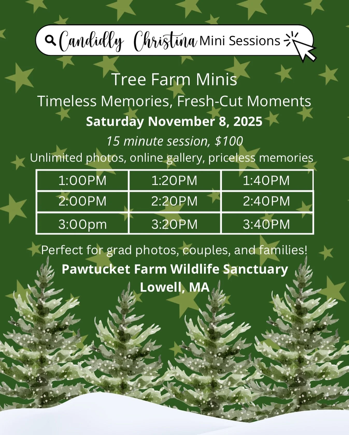 ✨ Tree Farm Minis are here! ✨

Timeless memories, fresh-cut moments &mdash; join me for a cozy holiday photo session at the beautiful Pawtucket Farm Wildlife Sanctuary in Lowell, MA 🌲

📅 Saturday, November 8, 2025
📸 15-minute session &mdash; $100
