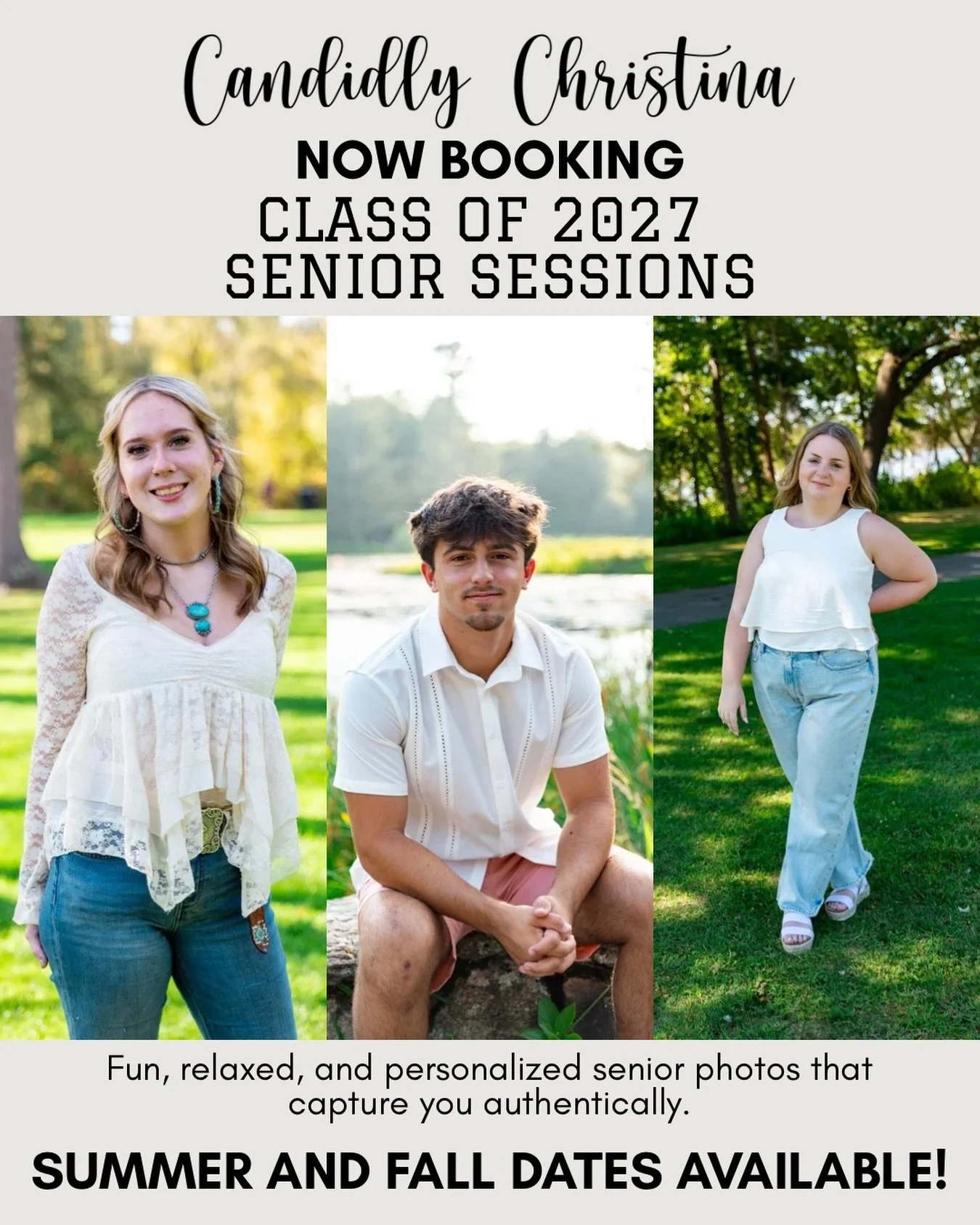 To the Class of 2027! 🎓

It&rsquo;s time to start thinking about booking your senior photos ✨

Summer and fall dates will start filling quickly, and booking early gives you the best chance at securing the season, location, and vibe you want for your