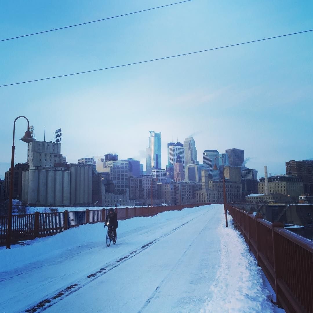 Winter biking across the Stone Arch Bridge