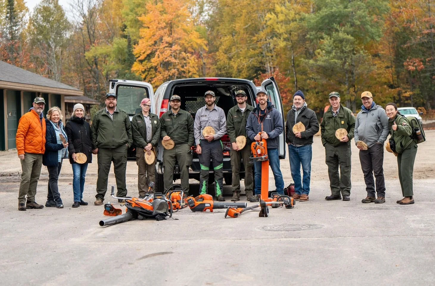 NPLSF and Pictured Rocks National Lakeshore staff and leadership gathered in October to test new equipment from Husqvarna’s Professional Battery Products line. Photo: Sam Miller @robinhoodwasright
