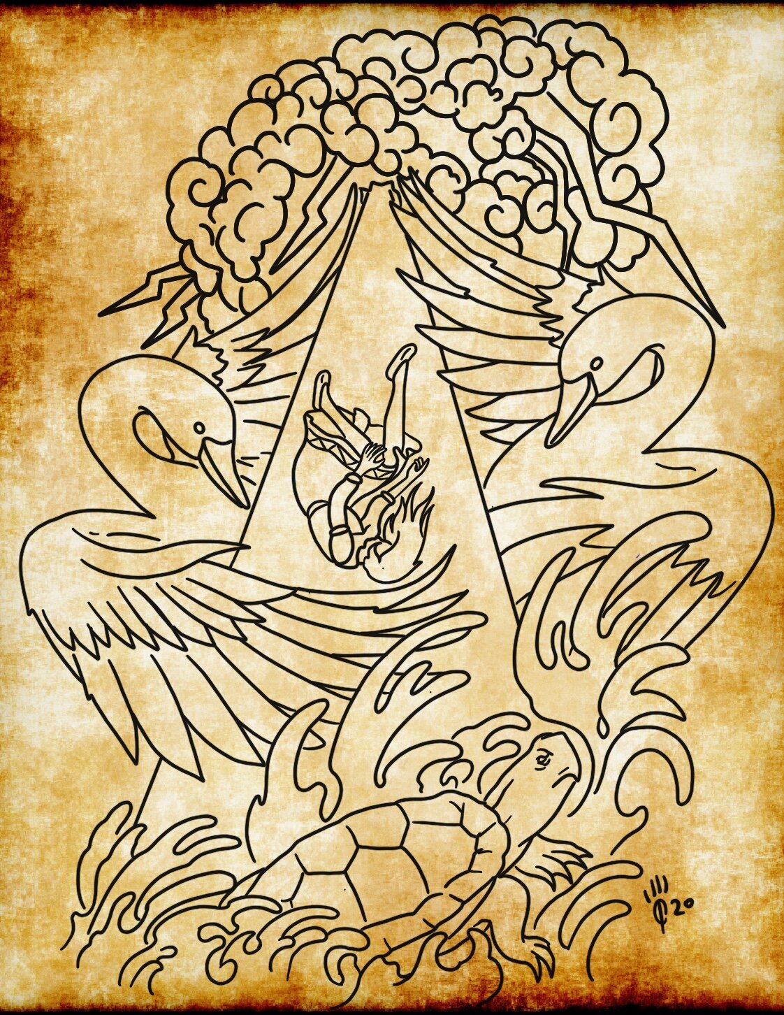 Drawing of the Creation Story by © Cole Tidemann, Cayuga Nation, 2020.