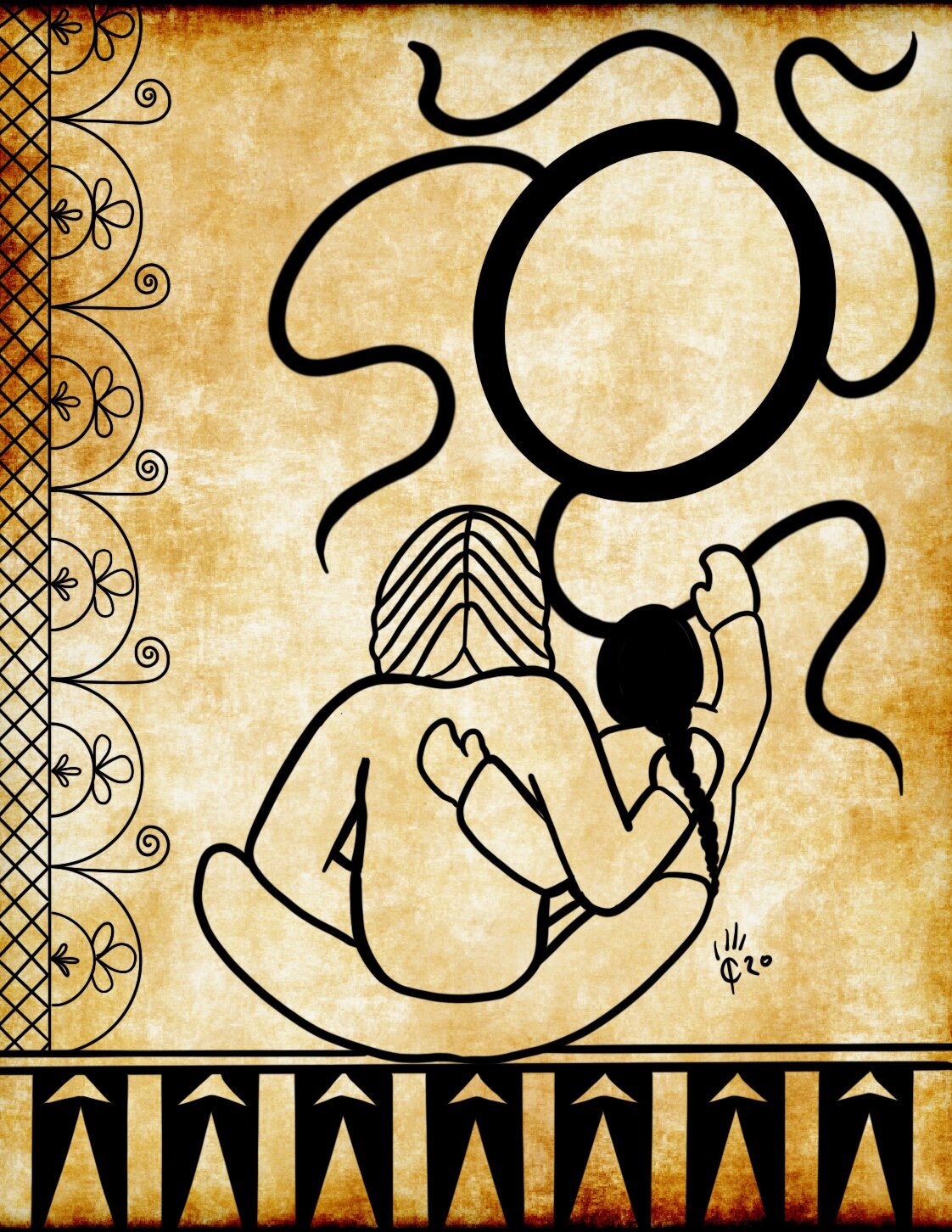 Drawing of elder and child sharing stories, with the Haudenosaunee sky dome symbol © Cole Tidemann, Cayuga Nation, 2020.