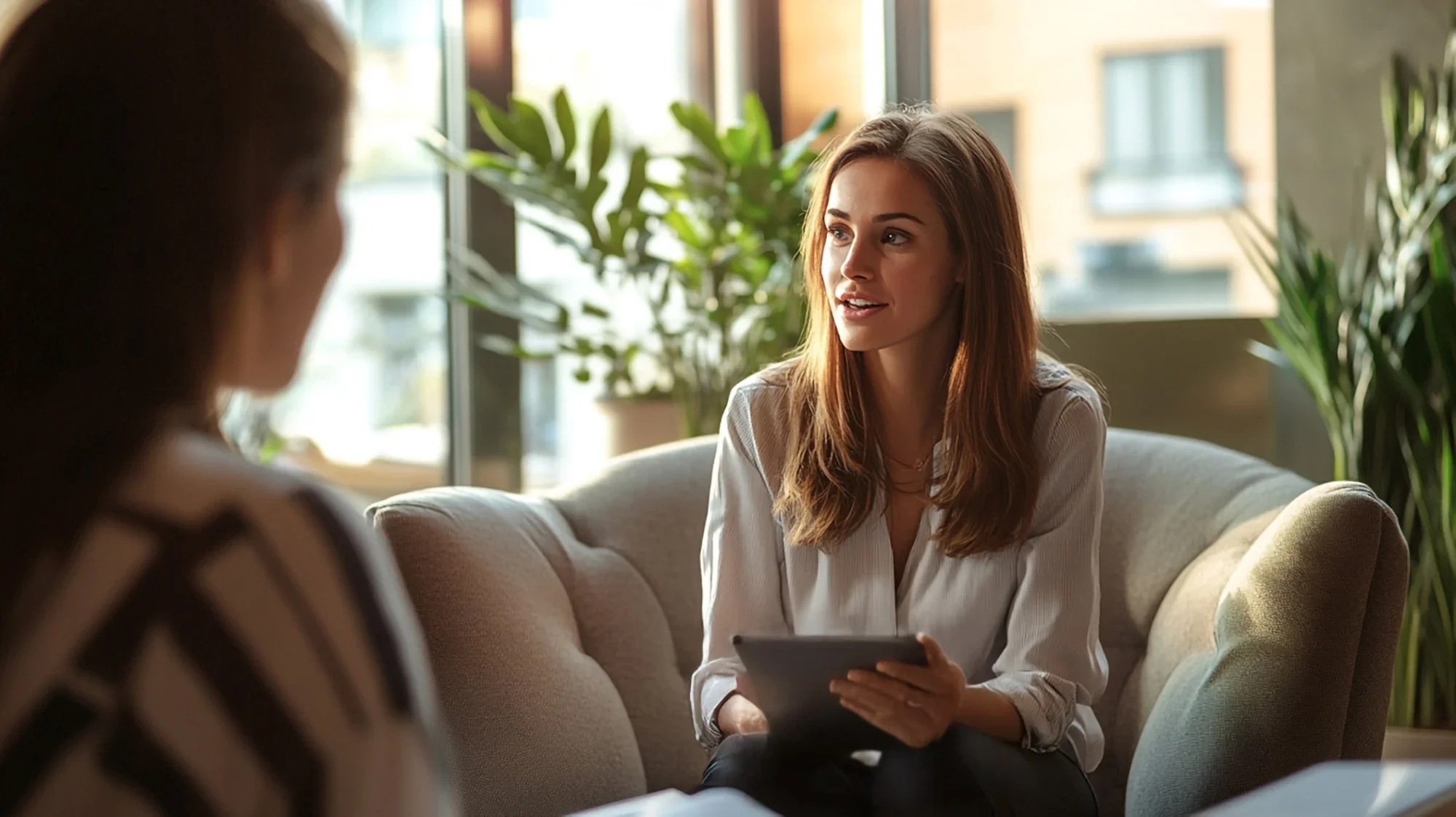 Family discussing addiction treatment with a professional.