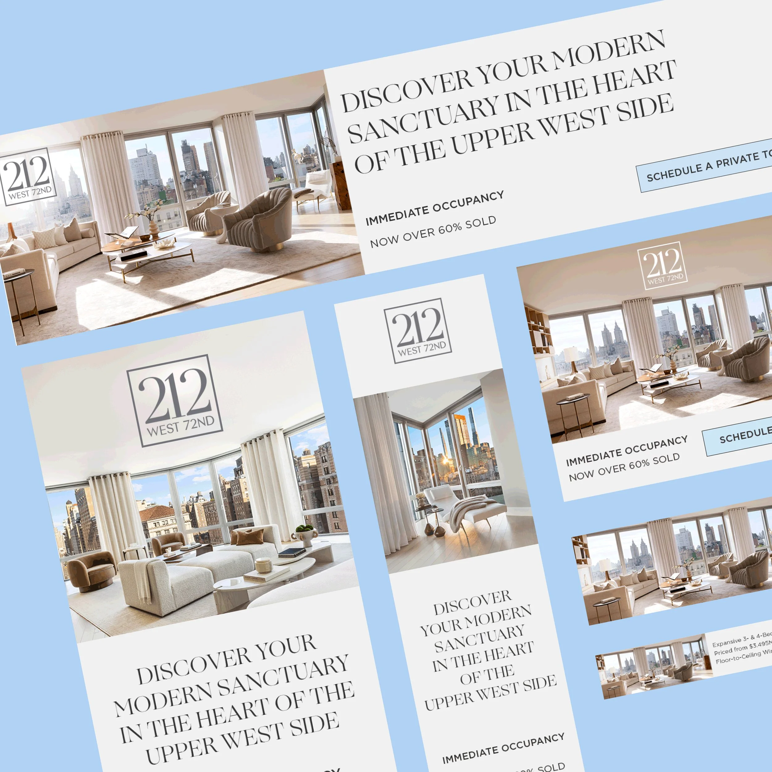 Multiple real estate flyers for 212 West 72nd Street showing modern living rooms with large windows, neutral furniture, and city views, with bold black text and a blue background.