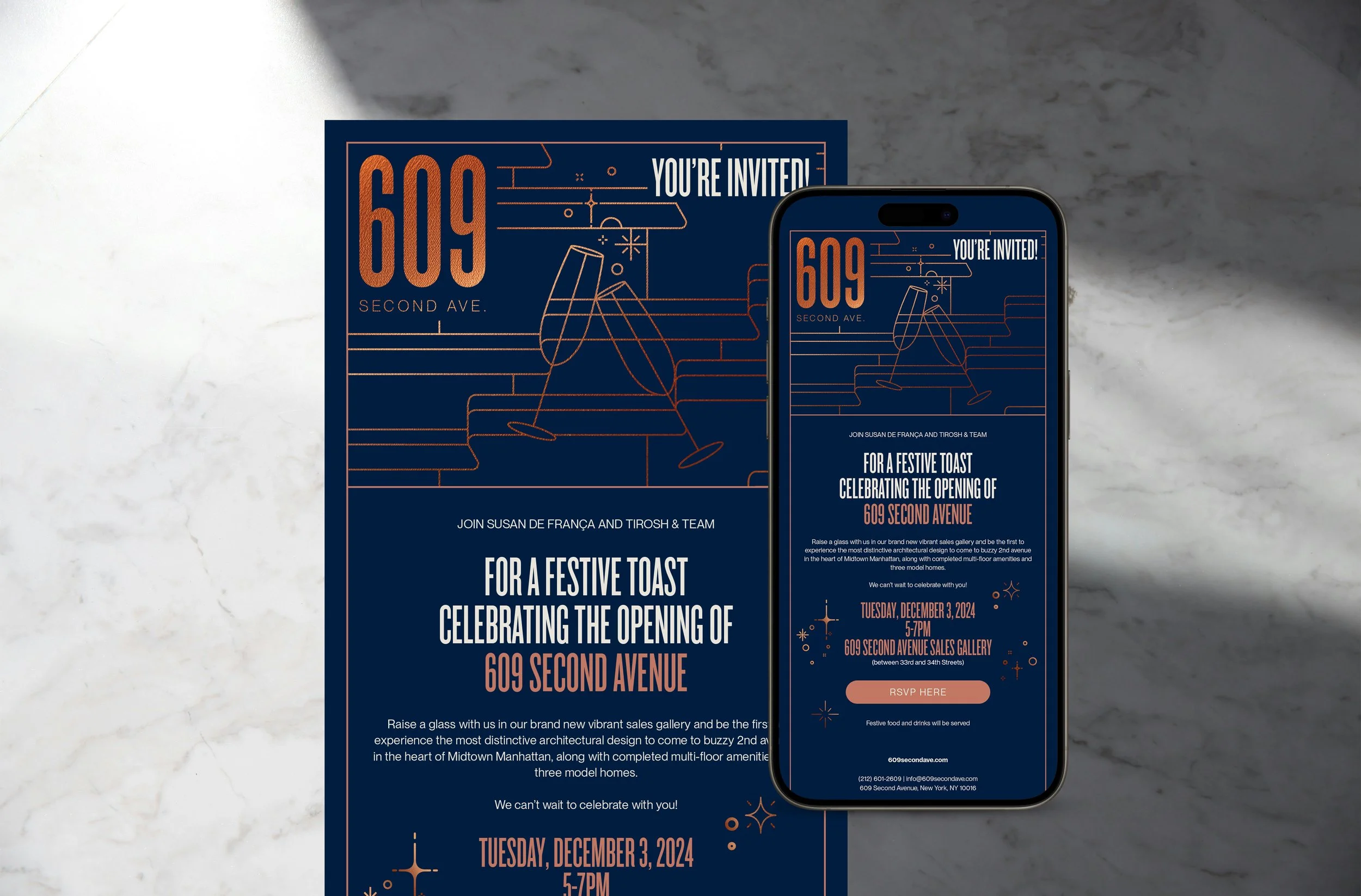 Invitation card and smartphone screen displaying an event for the opening of 609 Second Avenue, with blue background, orange and white text, and minimalistic line art of two glasses clinking.