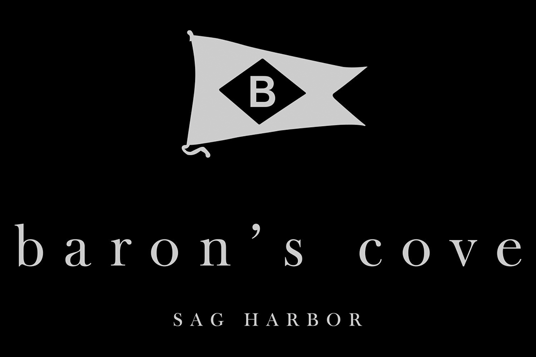 Logo for Baron's Cove in Sag Harbor featuring a stylized sailboat with a black diamond and the letter B, with text 'baron’s cove' and 'SAG HARBOR' underneath.