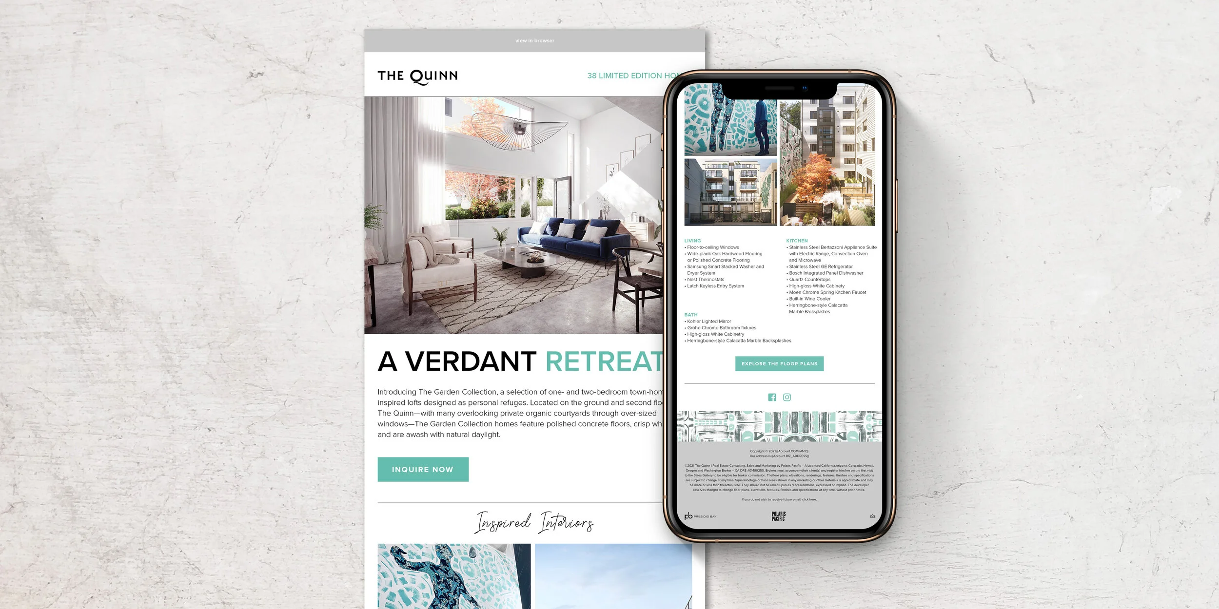 A real estate brochure and smartphone displaying an apartment listing with images of a living room and building facades, placed on a light textured surface.