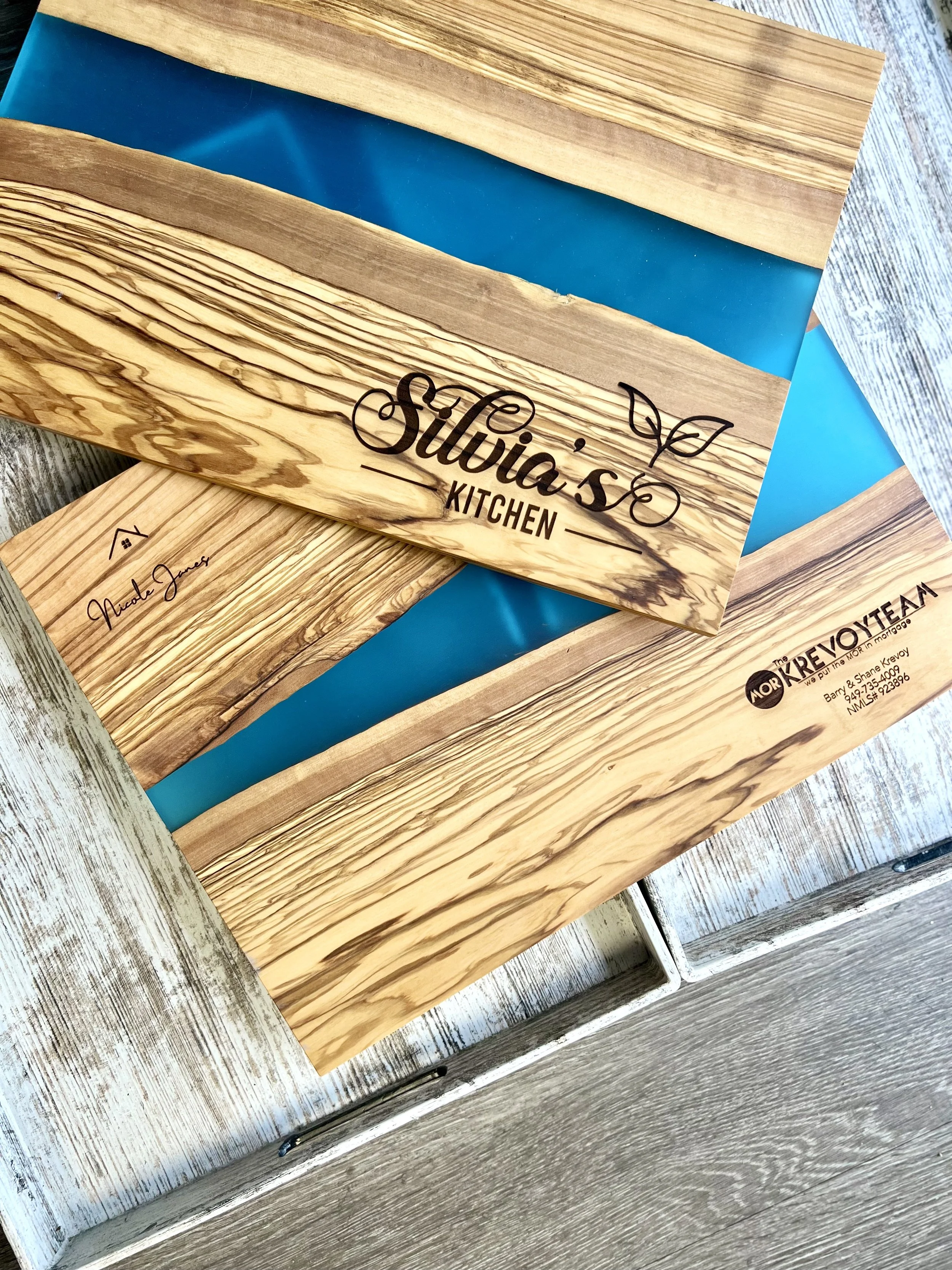 Engraved Resin and Olive Wood Board