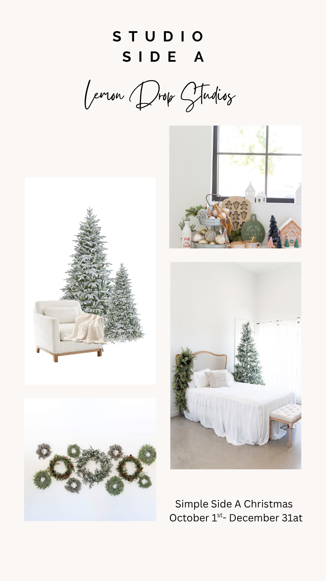 Side A will be a mixture of simple, cozy, and neutrals. There will be some Christmas cookie decor in the kitchen area and a couple flocked trees with our new furniture piece.