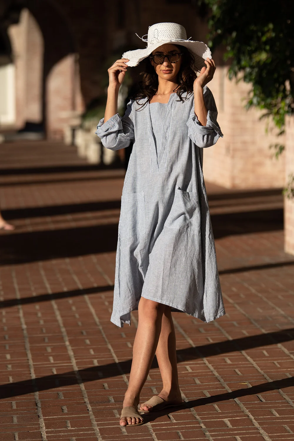 chinese dress ladies Women's Linen Tunic Dress Cute V Neck Long Sleeve Casual Loose Flowy Swing  Ruffle Dresses Pleated A Line Mini Dress Brown at Amazon Women's Clothing  store main image 1