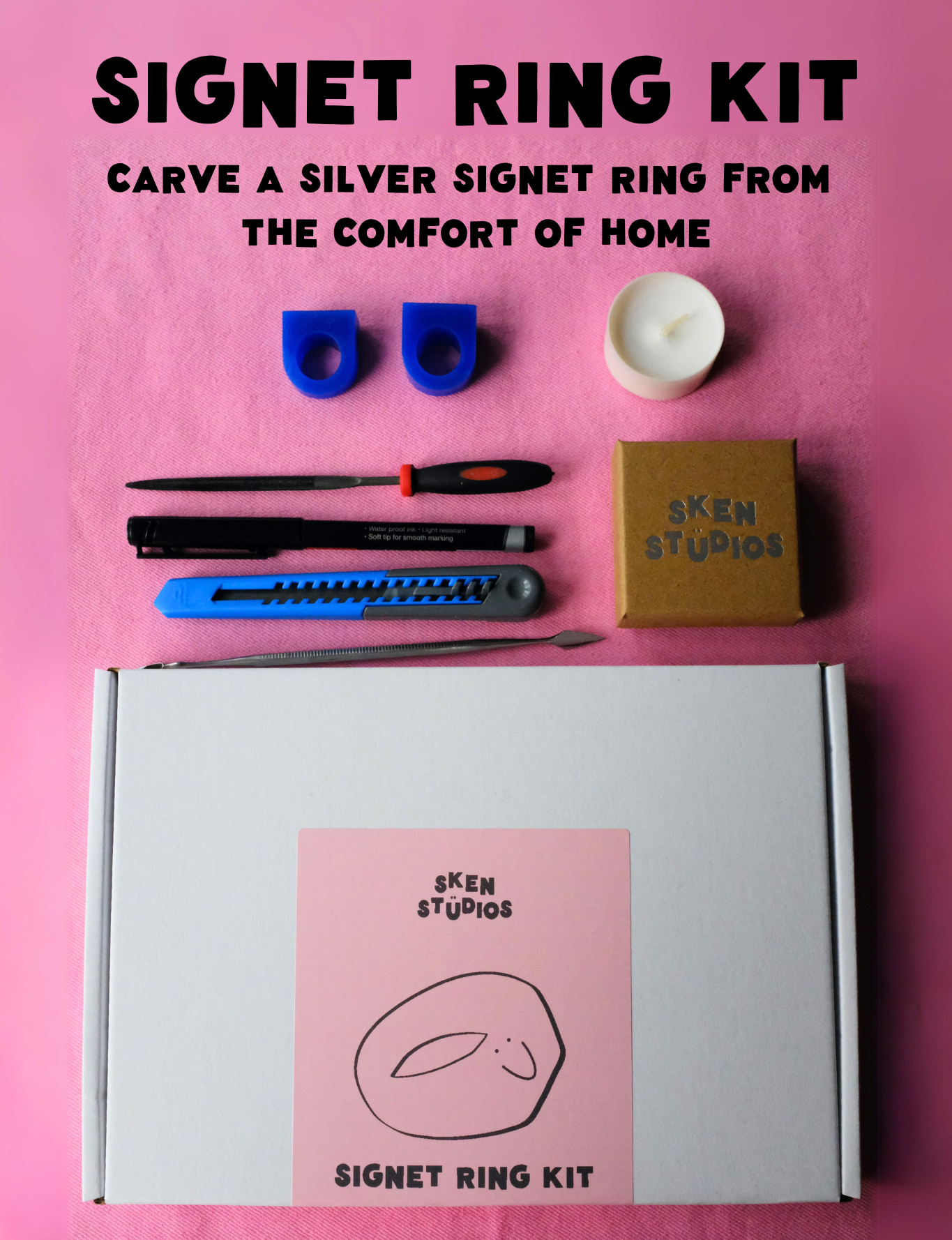 Signet ring kit flatlay, demonstrating the tools to make your own silver signet ring at home