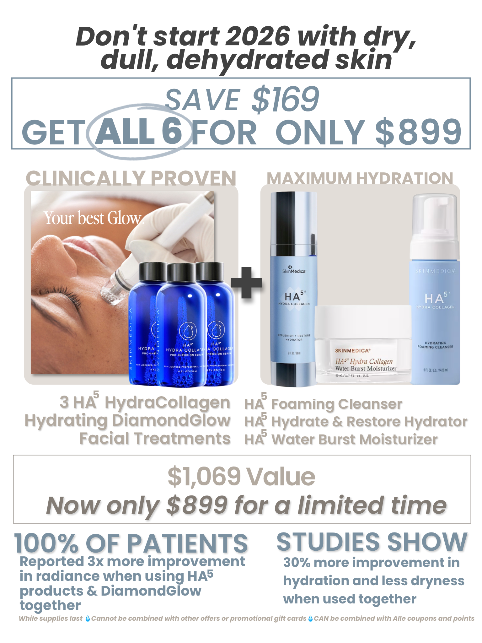 Don't start 2026 with dry, dull, dehydrated skin. Save $169 and get all 6 for only $899. Get 3 HA5 Hydracollagen Hydrating DiamondGlow Facial Treatments and an HA5 cleanser, HA5 Hydrate & Restore Hydrator & HA5 Water Burst Moisturizer: a $1,069 value