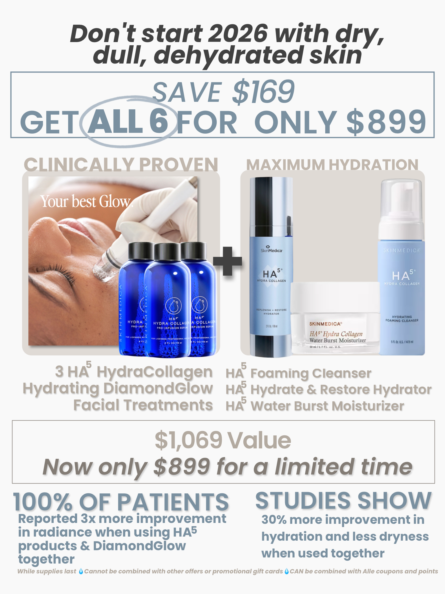 Don't start 2026 with dry, dull, dehydrated skin .Save $169 and get all 6 for only $899! 3 HA5 HydraCollagen DiamondGlow Treatments and 3 Hydracollagen SkinMedica products!  Call now 386-775-2737