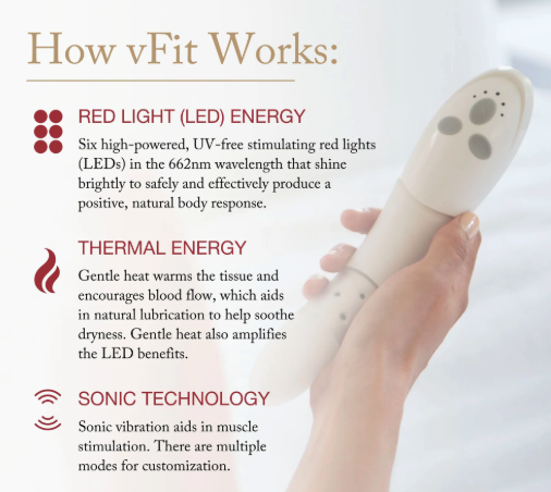vFit+ at-home red light therapy device for intimate wellness, supporting vaginal comfort, natural lubrication, and pelvic floor health. six high powered uv free stimulating red lights in the 662nm wavelength that shine brightly