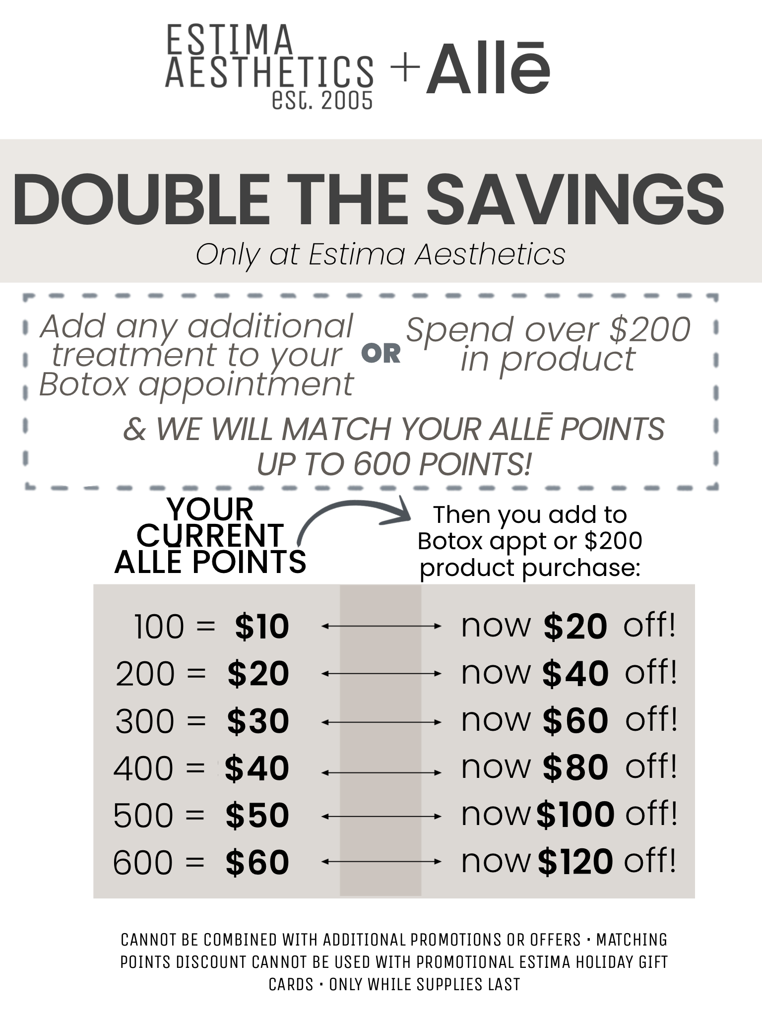 Double your Alle points at Estima when you add any additional treatment to your Botox appointment OR spend over $200 in product!  We will match up to $60 in Alle points! Mention this offer at checkout