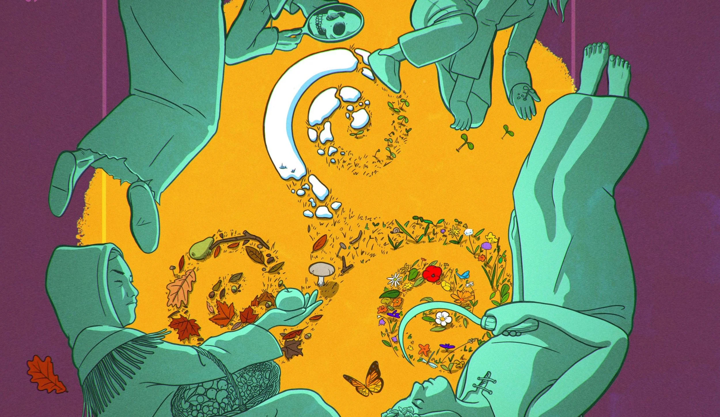 This piece was created for a Celtic foraging event and is centred around a Celtic knot (triskelion), which represents the past, present, and future, as well as the cycle of life. The figures surrounding the knot symbolise the process of aging and the