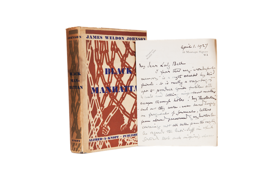 Black Manhattan by James Weldon Johnson, with "My Dear Lady Bell" Letter from Lady Jersey about Gertrude Bell, in