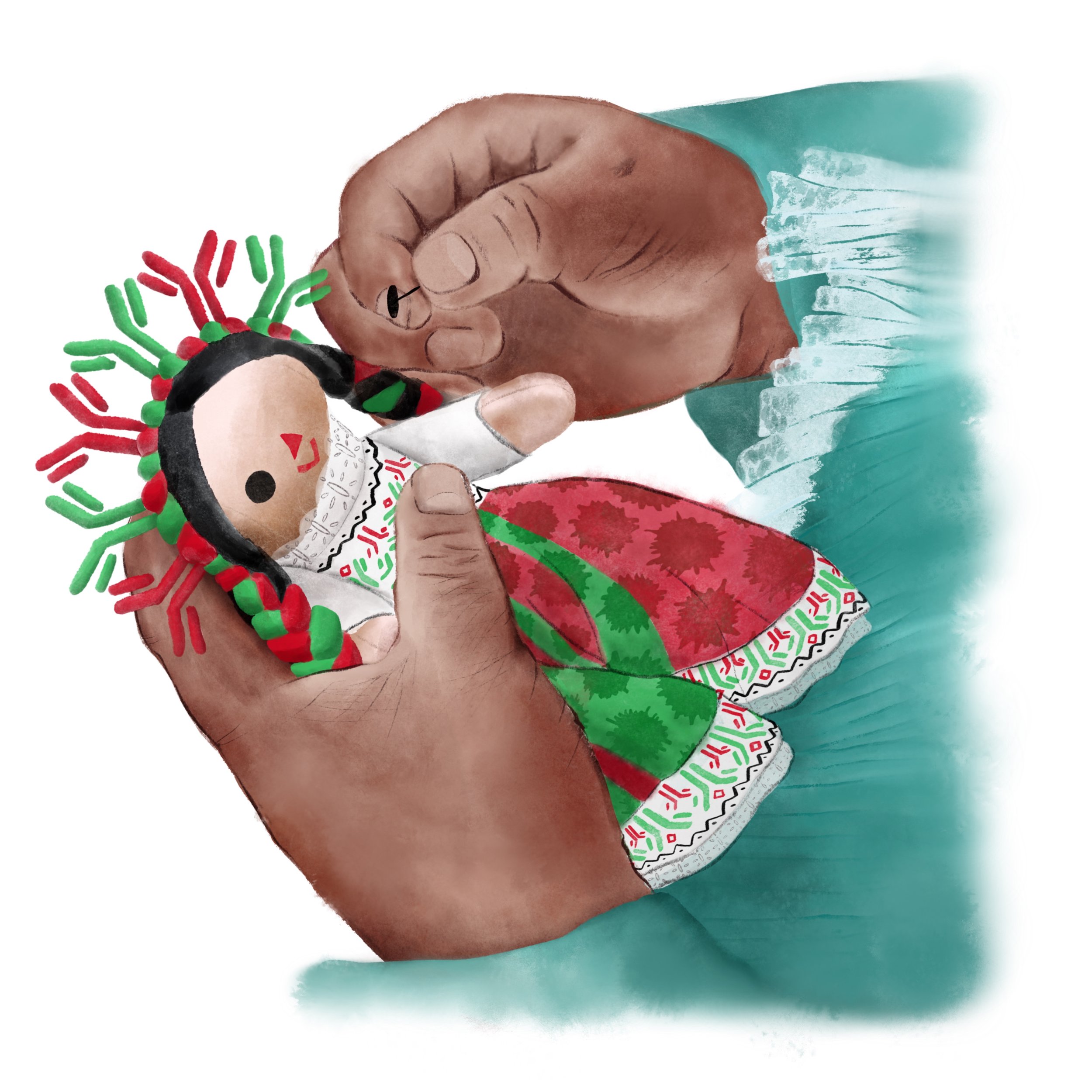 Illustration of a person creating a "Lele doll" that has decorative immunology motifs and symbols
