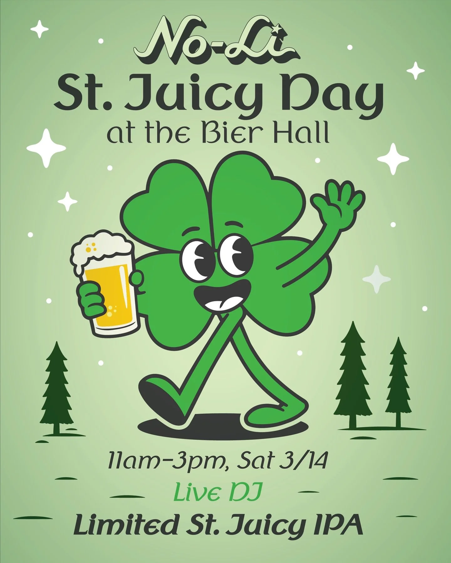 🍀 It&rsquo;s about to get JUICY.

St. Juicy Saturday hits the No-Li Bier Hall this weekend for St. Paddy&rsquo;s Day!

🍊 St. Juicy IPA tapping (only 2 kegs)
🎧 DJ Shane spinning all afternoon
🍺 Grab a pint, get your St. Pat&rsquo;s green beads

Sa