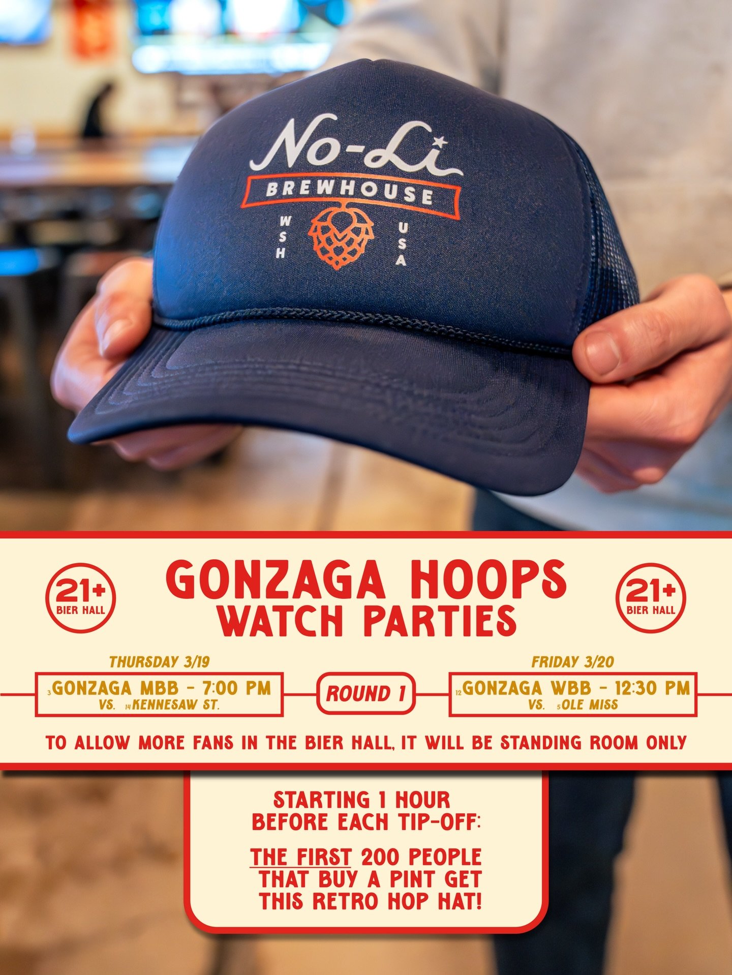 🏀 WE&rsquo;RE GOING DANCING 🏀

Zag up. It&rsquo;s tournament time at the No-Li Beer Campus.

We&rsquo;re kicking things off with Gonzaga Watch Parties in the Bier Hall.

🍺 First 200 fans that buy a pint get a FREE retro No-Li hop hat.
⏰ Giveaway s