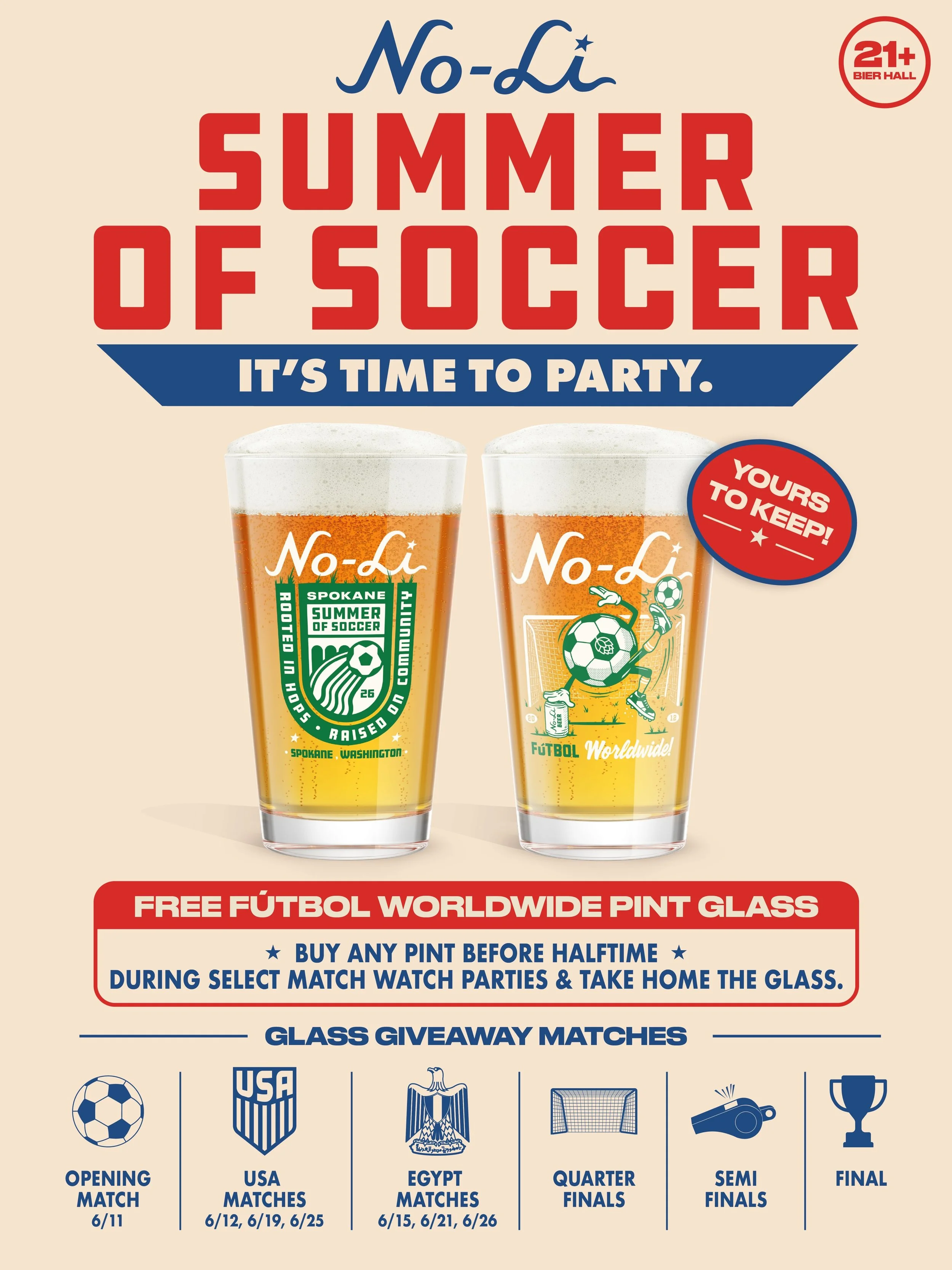 3 days out from World Cup kickoff. ⚽🍻

The countdown is on.

21+ | Join us at the Bier Hall all summer long for match watch parties on the big screen and score free limited-edition F&uacute;tbol Worldwide pint glasses.

🍺 Buy any pint before halfti