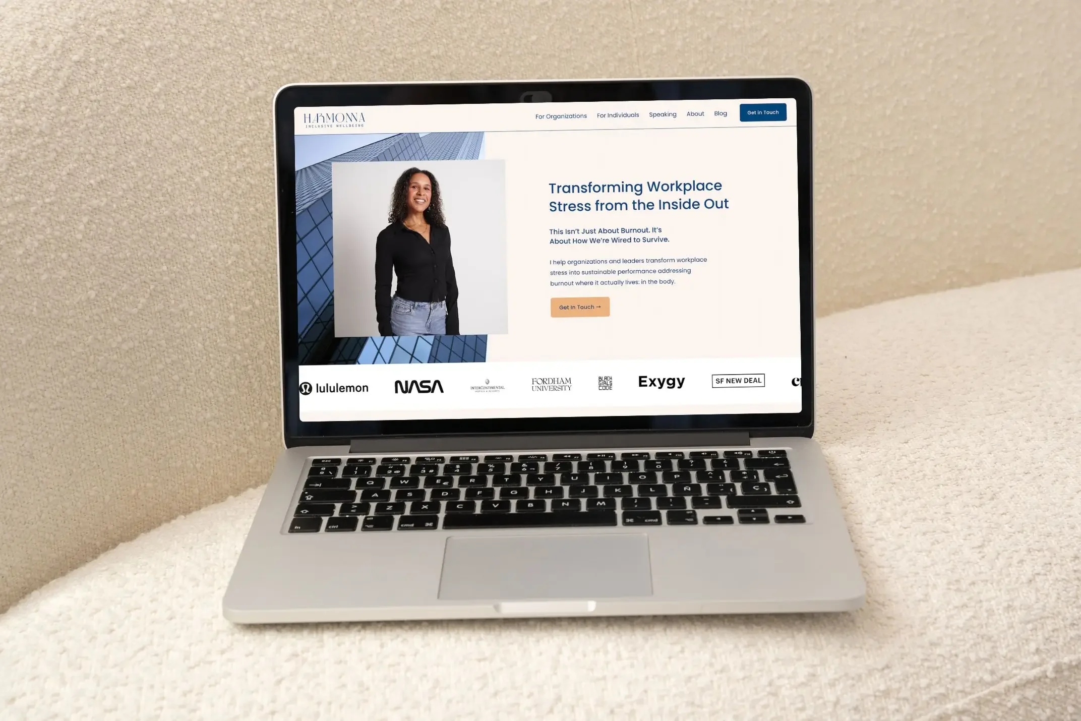 Strategic Squarespace website redesign for Harmonna featuring audience specific navigation.