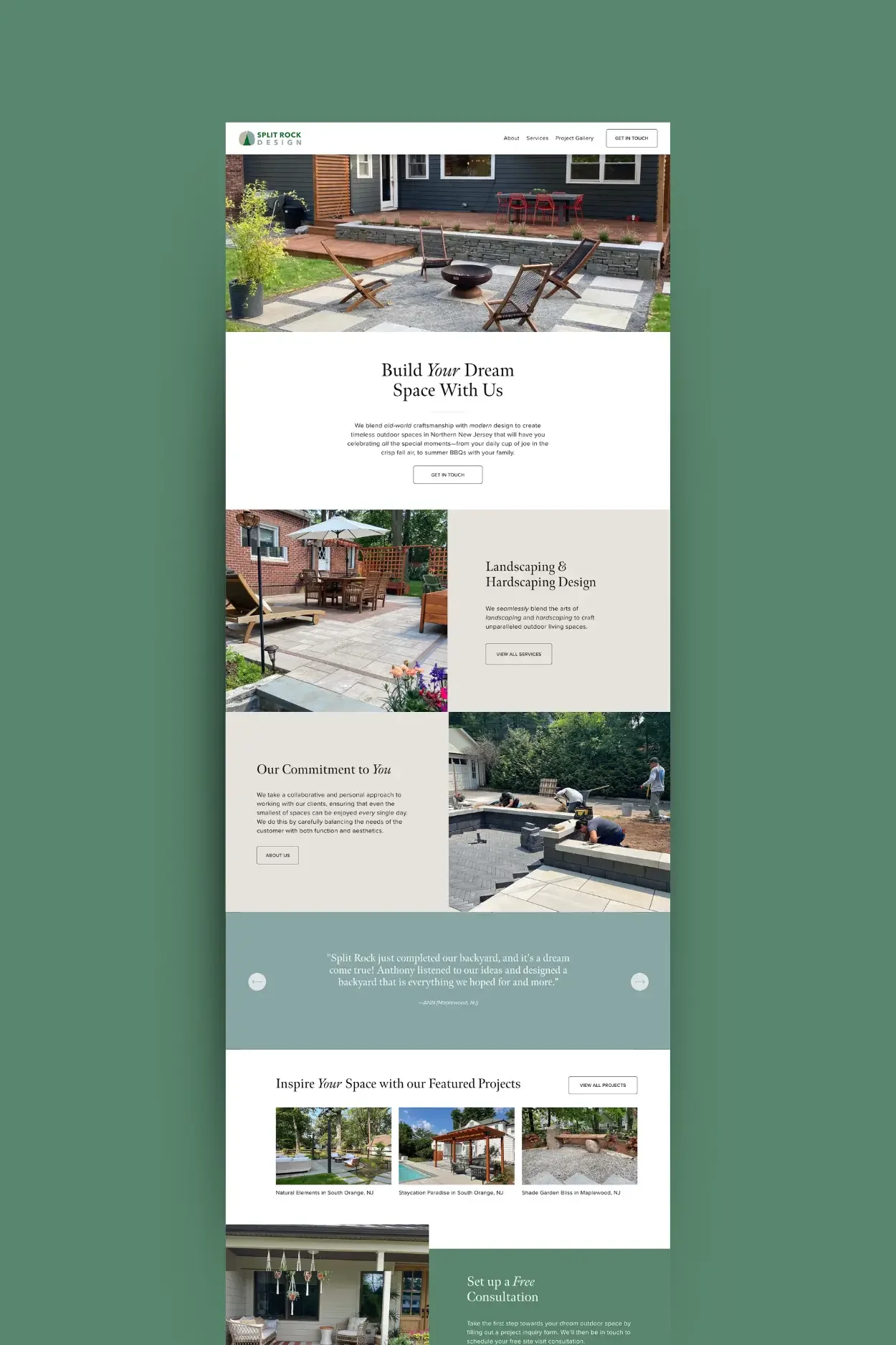 A website homepage for Split Rock Design featuring images of outdoor landscaping, hardscaping projects, and backyard renovations.