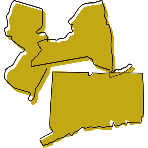 Outline map of New York, Pennsylvania, and Ohio states in yellow with black borders.