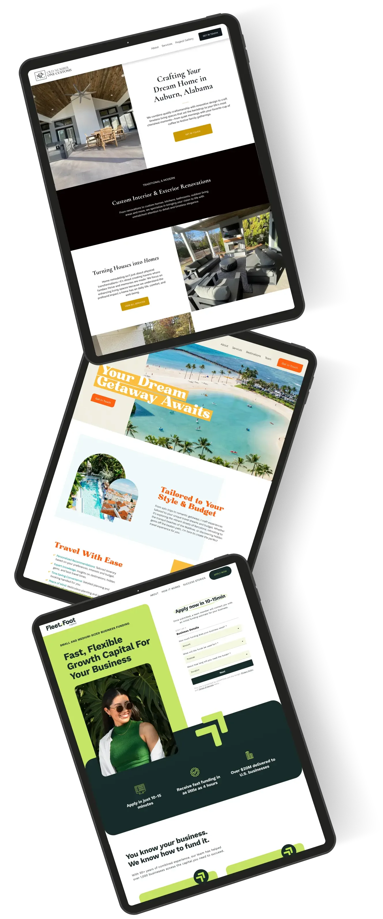 Three mobile phone screens displaying different travel and real estate website pages. The first shows a home renovation service in Alabama, the second shows a travel agency website, and the third advertises a small business finance website.