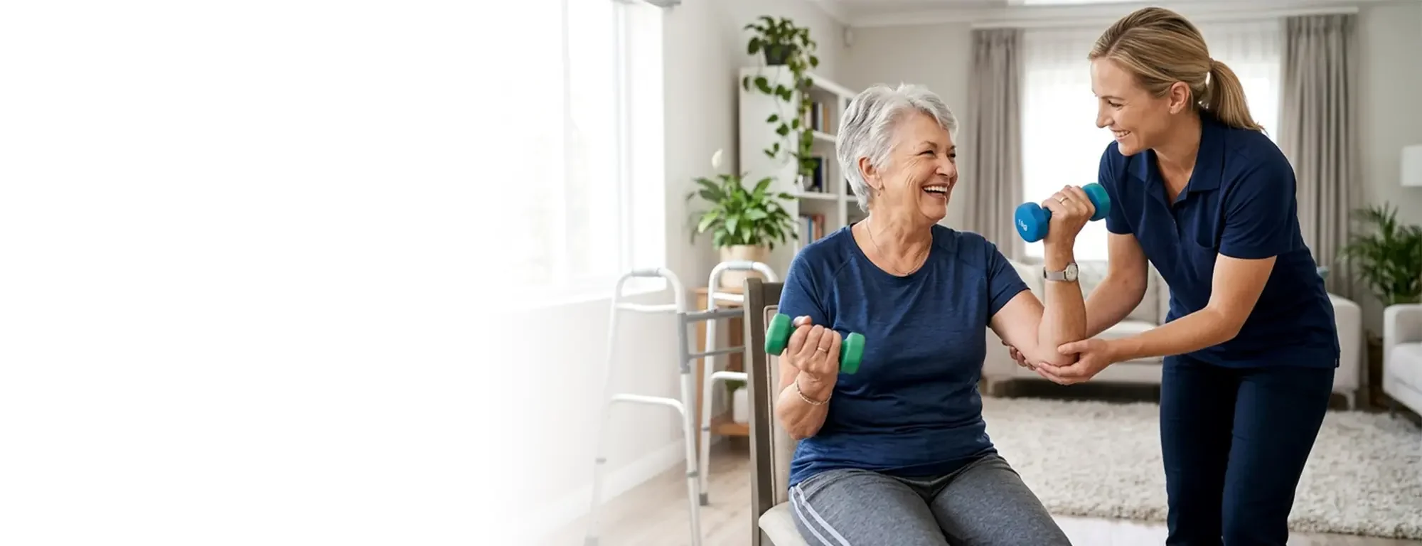 A Summit Physio therapist assisting an elderly woman with weights exercises in her living room