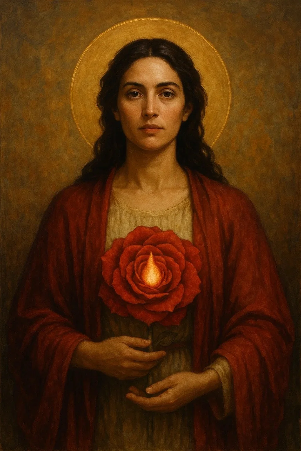 An artwork of a woman with long dark hair, wearing a red cloak, holding a rose with a flame inside it on her chest, and a halo behind her head, resembling a religious icon.