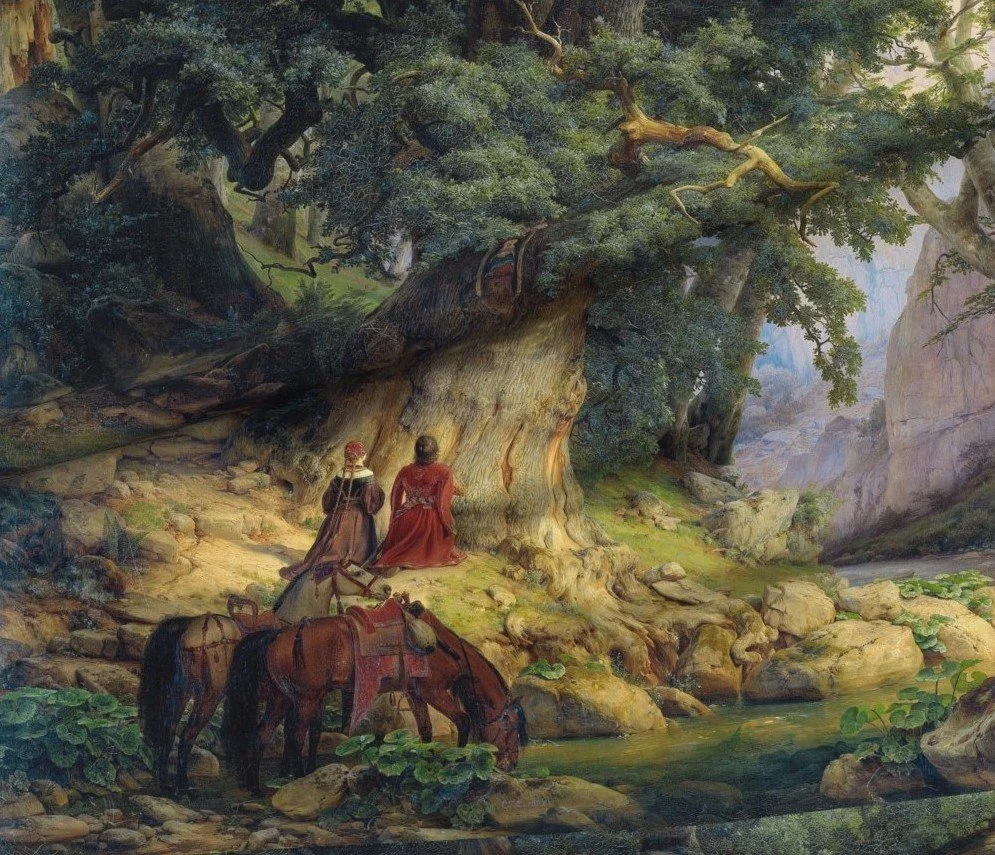 Two women dressed in historical clothing sitting under a large, ancient tree near a stream, with horses resting nearby in a lush, forested landscape.