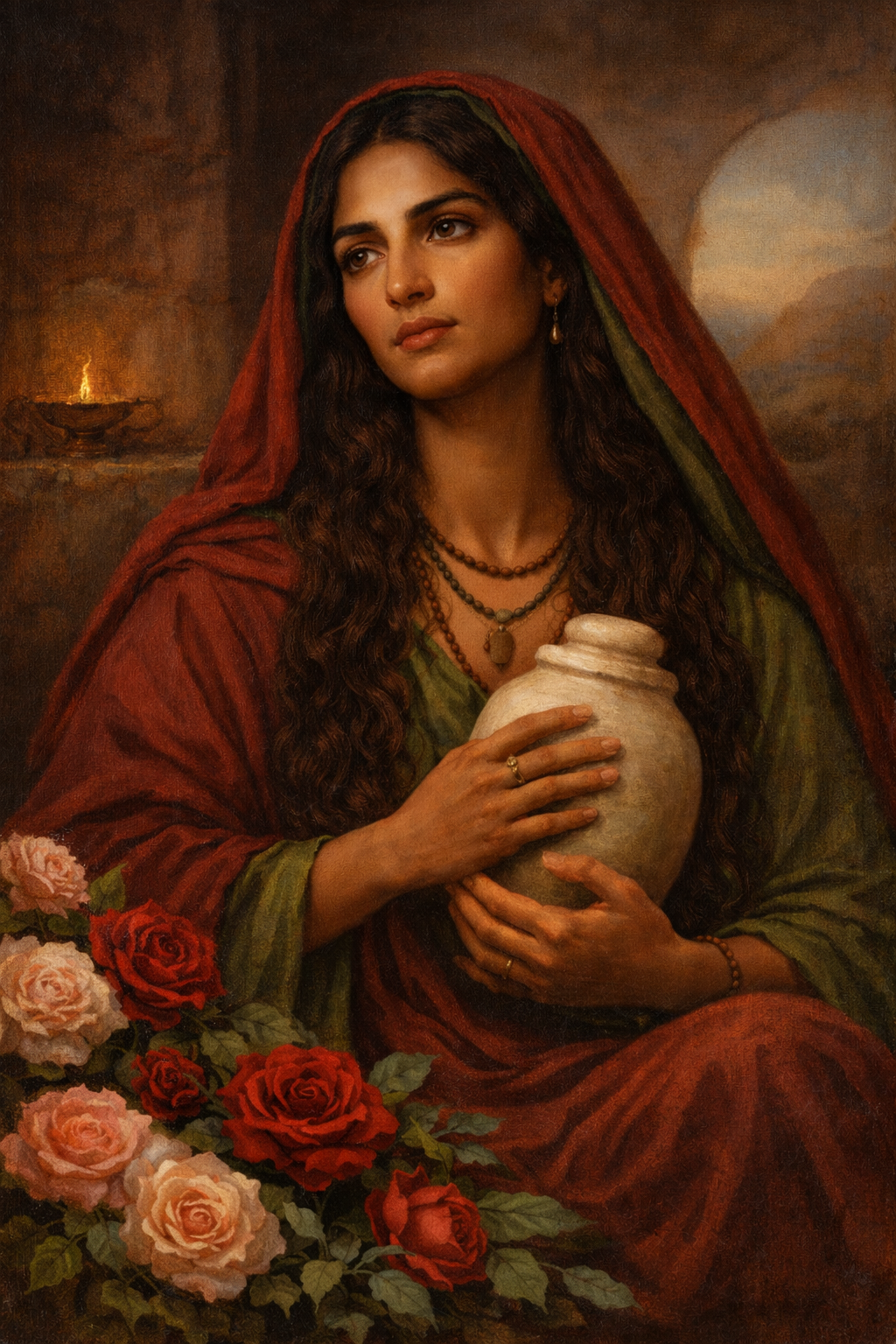 A painting of a woman with long, curly brown hair, wearing a red and green draped robe, holding a white jar. She is adorned with necklaces, earrings, and a ring. There are pink and red roses in the foreground and a warm background with a boat and a sunset.