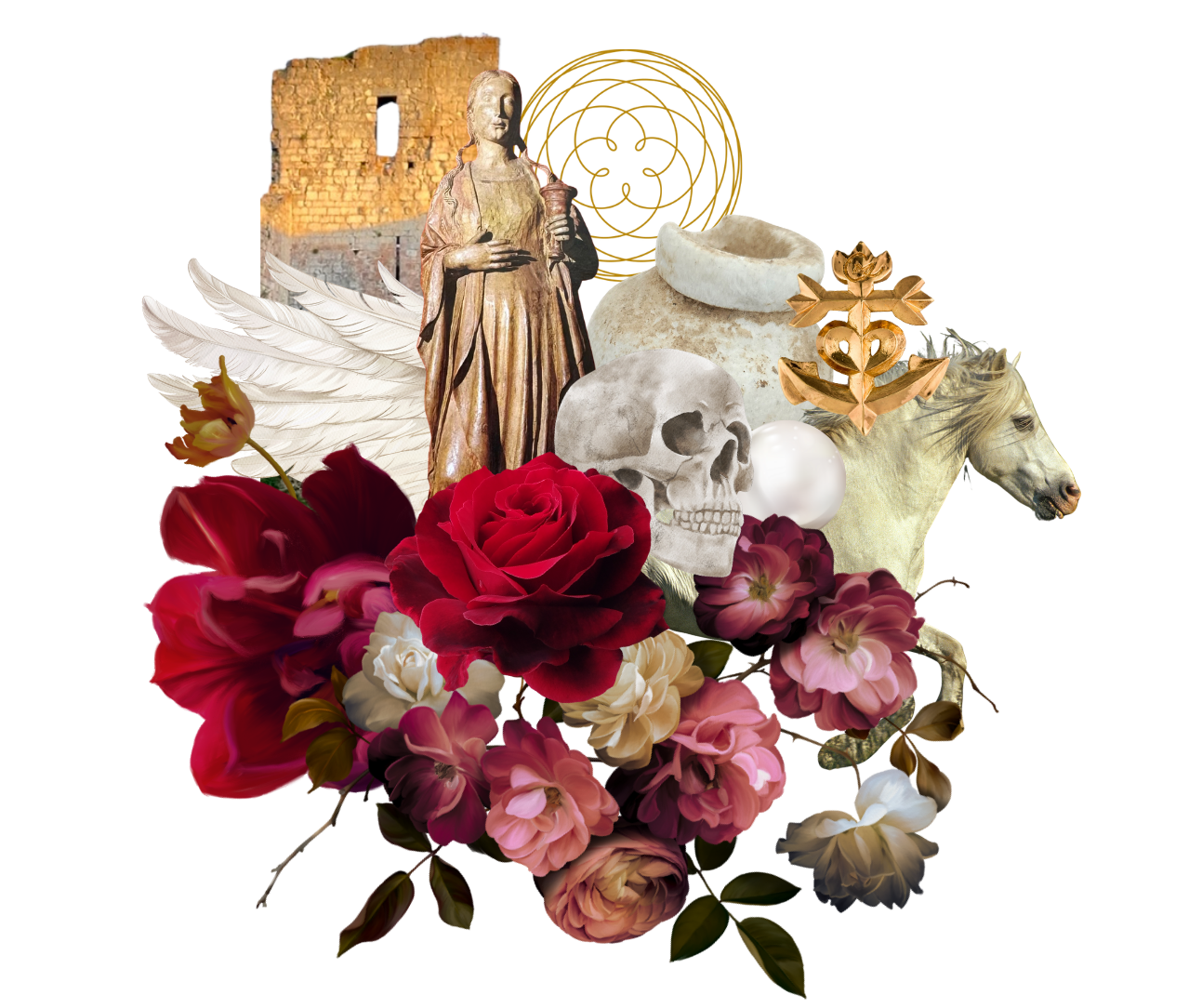 A collage of various objects including a stone ruin, a wooden statue, white angel wings, a skull, a pearl, a golden anchor, a white horse, a vase, and a mix of red, pink, and white flowers.