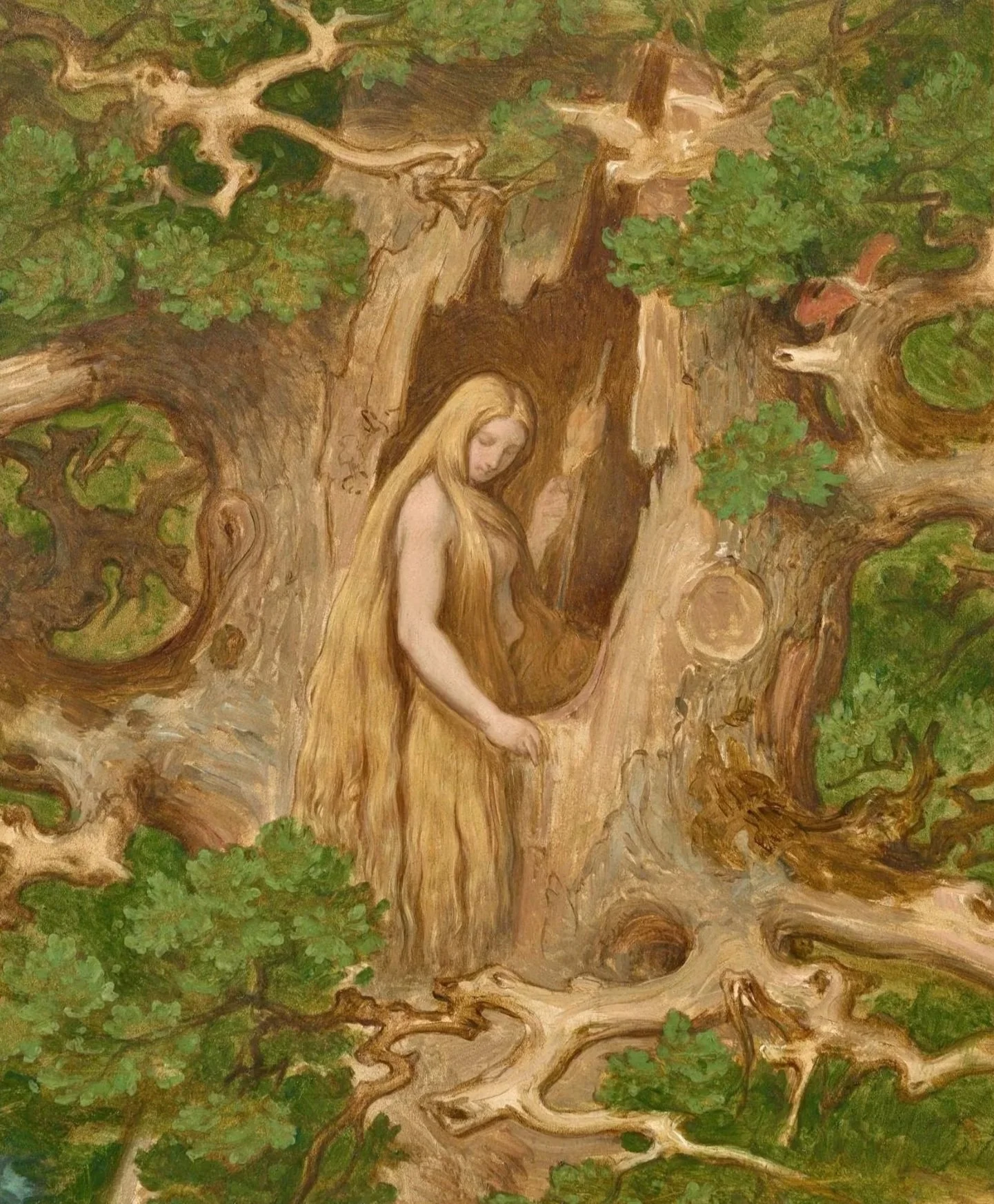 A painting of a woman with long, flowing blonde hair standing inside a hollow tree trunk surrounded by green leaves and twisting branches.