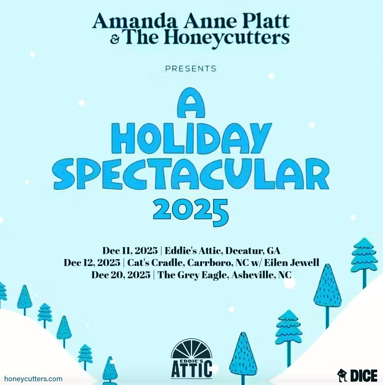 It's time to celebrate the season of giving: join us for our annual Holiday Spectacular, 2025 edition. 🎉🎶💜🎉🎸 Bonus, @eilen_jewell joins us at the @catscradlenc on 12/12! Advance tickets are recommended: https://www.honeycutters.com/

#christmaso