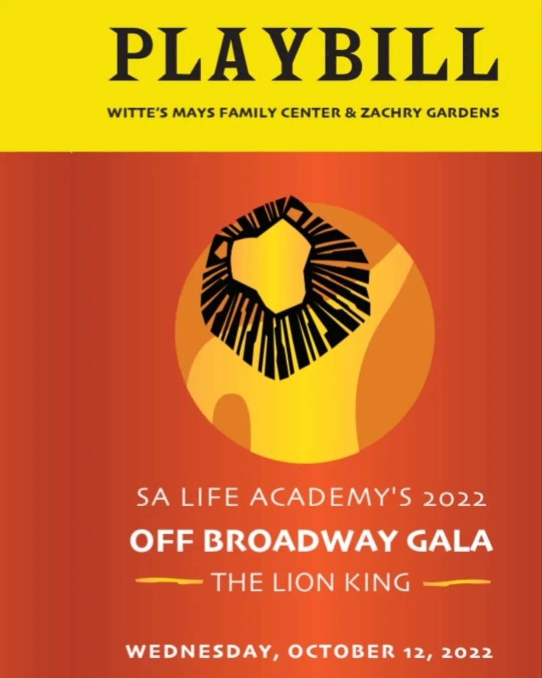 SA Life Academy's 2022 Off Broadway Gala is less than six weeks away!💛🦁🧡

We have one table remaining and a few individual tickets!

Please  email our Theater Manager at ellen@salifeacademy.org for more information.

#offbroadwaygala #lionking #fu