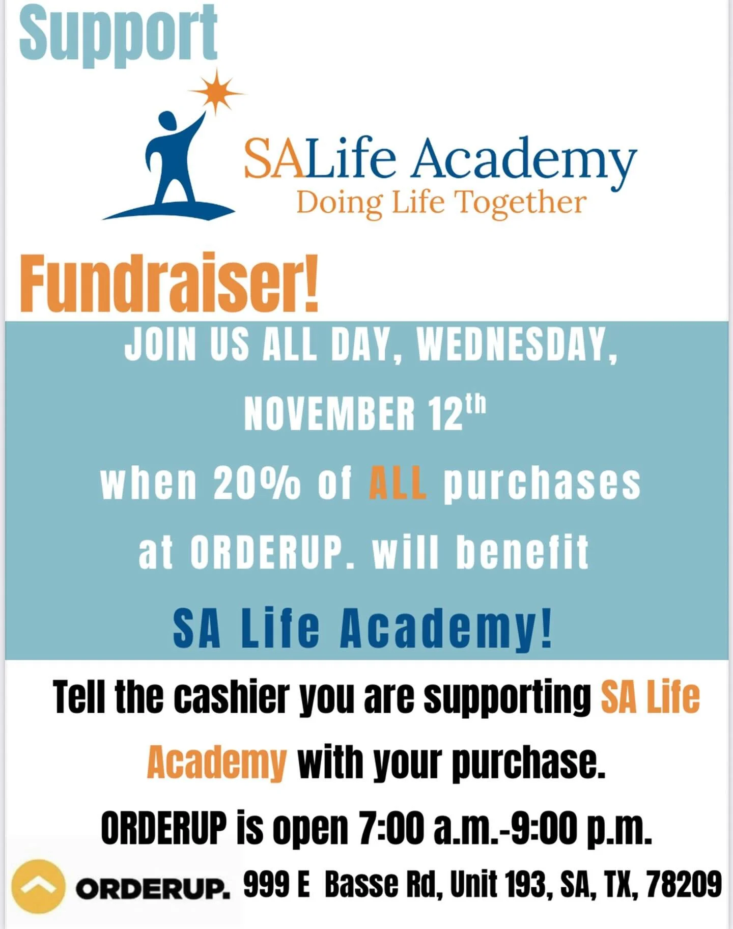 🍔 Happening TODAY! 🍟

Grab a bite at OrderUp (999 E Basse Rd) anytime between 7:00 a.m. &ndash; 9:00 p.m. and 20% of your purchase will go to support SA Life Academy! 💙🧡

Just tell the cashier you&rsquo;re supporting SA Life Academy when you orde