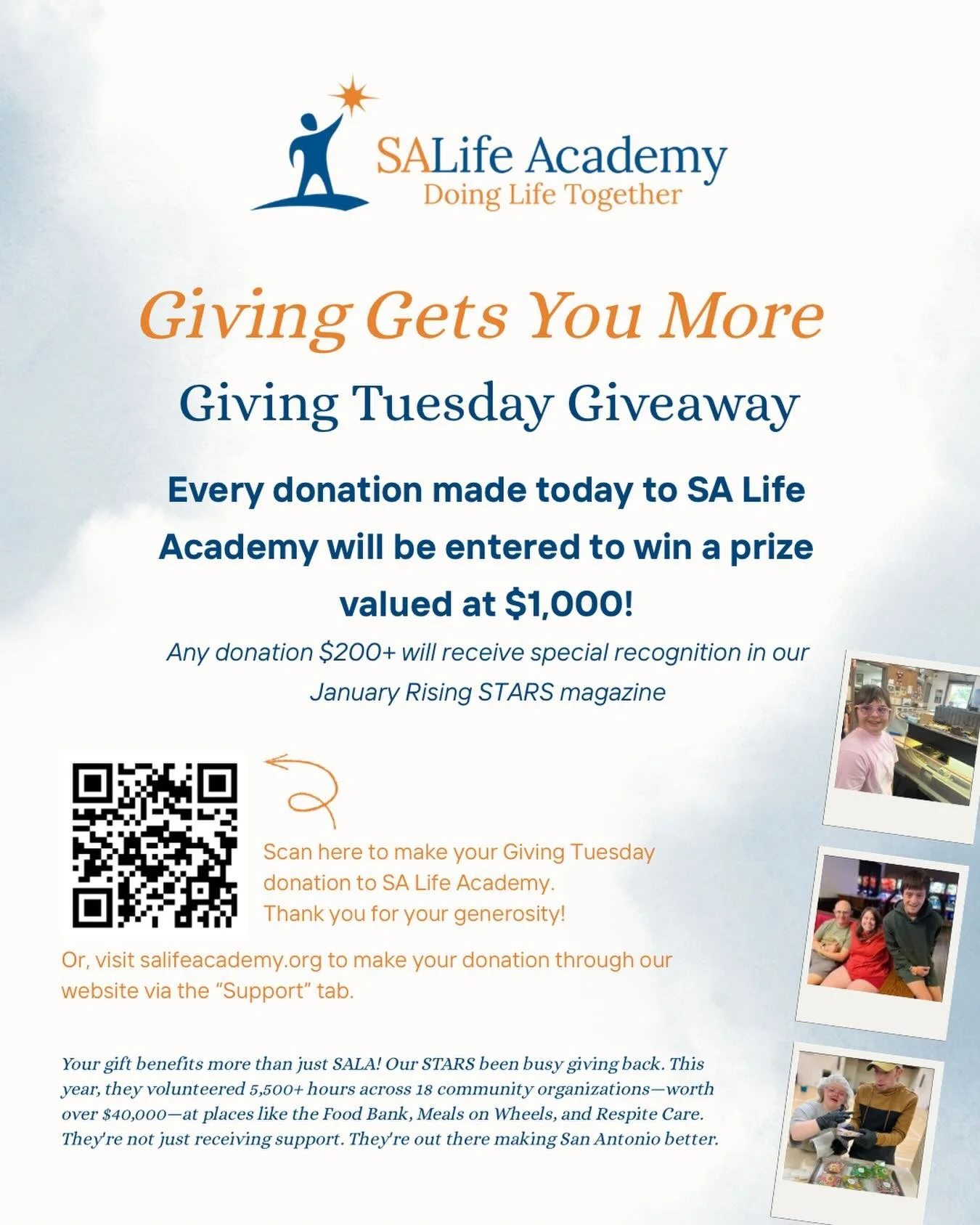 Every dollar makes a difference🧡💙 Any Giving Tuesday donation supports the joy we create daily cooking, gardening, art, community outings, laughter, and learning with our amazing STARS.

Gifts of $200+ will receive special recognition and all donat